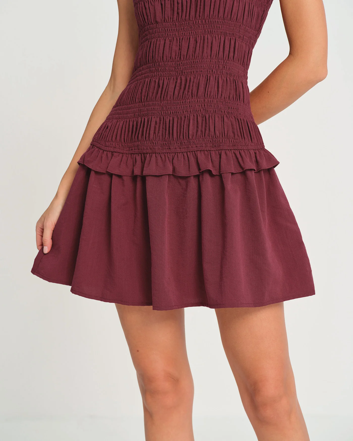 Wine Red Sleeveless Shirred Mini Dress - Image 2