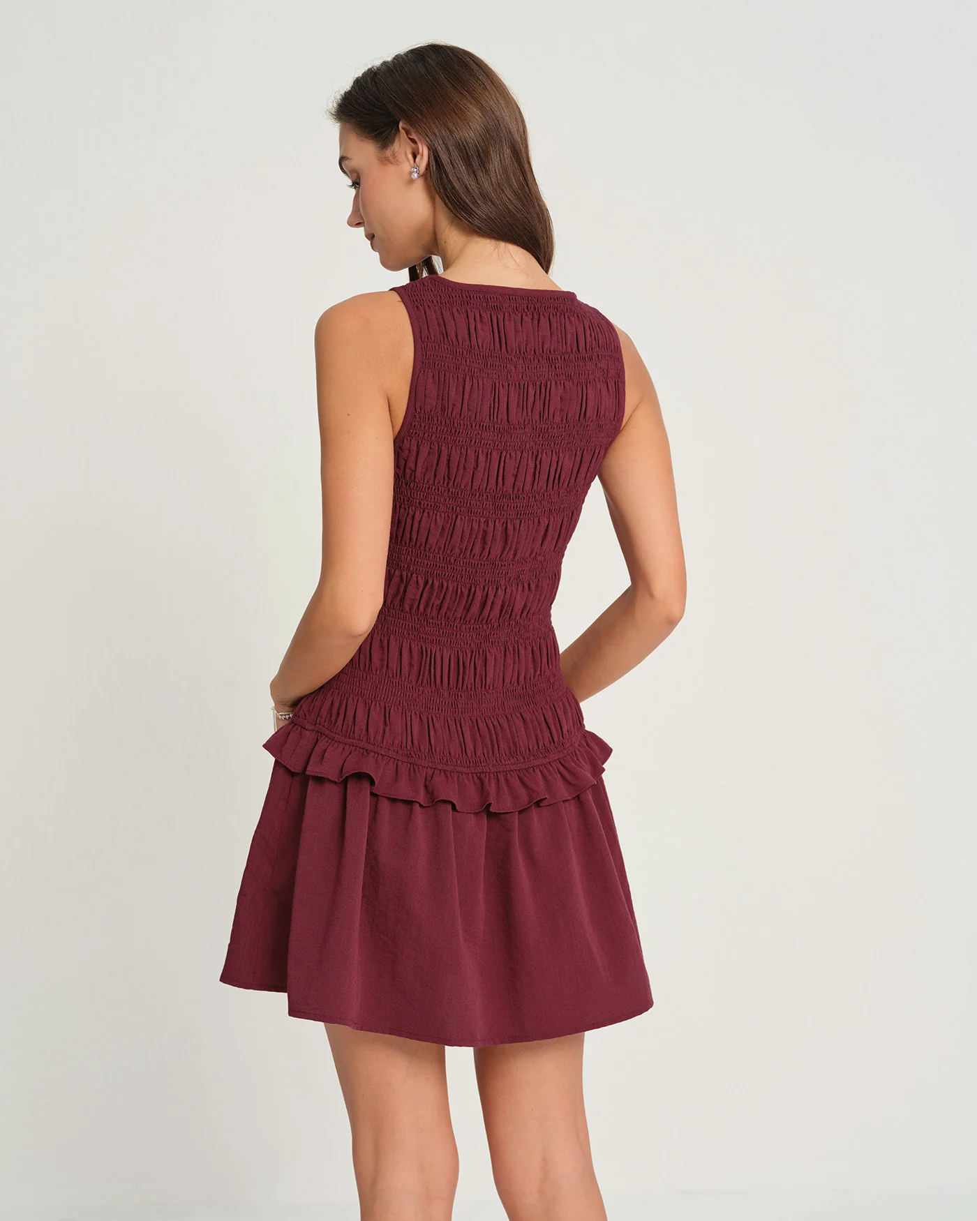 Wine Red Sleeveless Shirred Mini Dress - Image 3