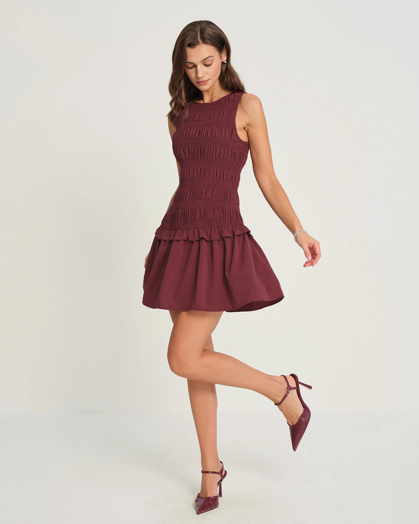 Wine Red Sleeveless Shirred Mini Dress - Image 4