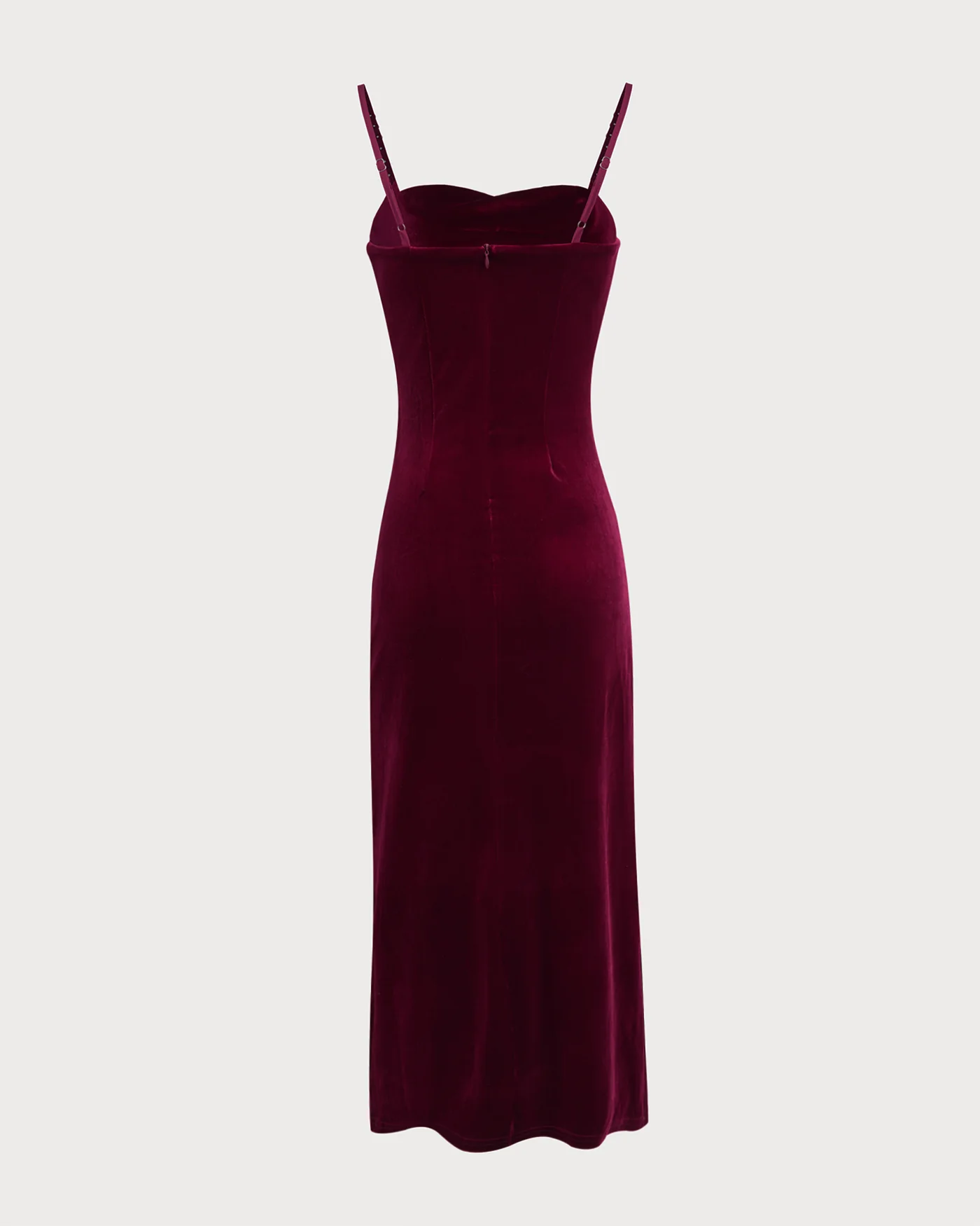 Wine Red Sleeveless Straps Velour Midi Dress - Image 2