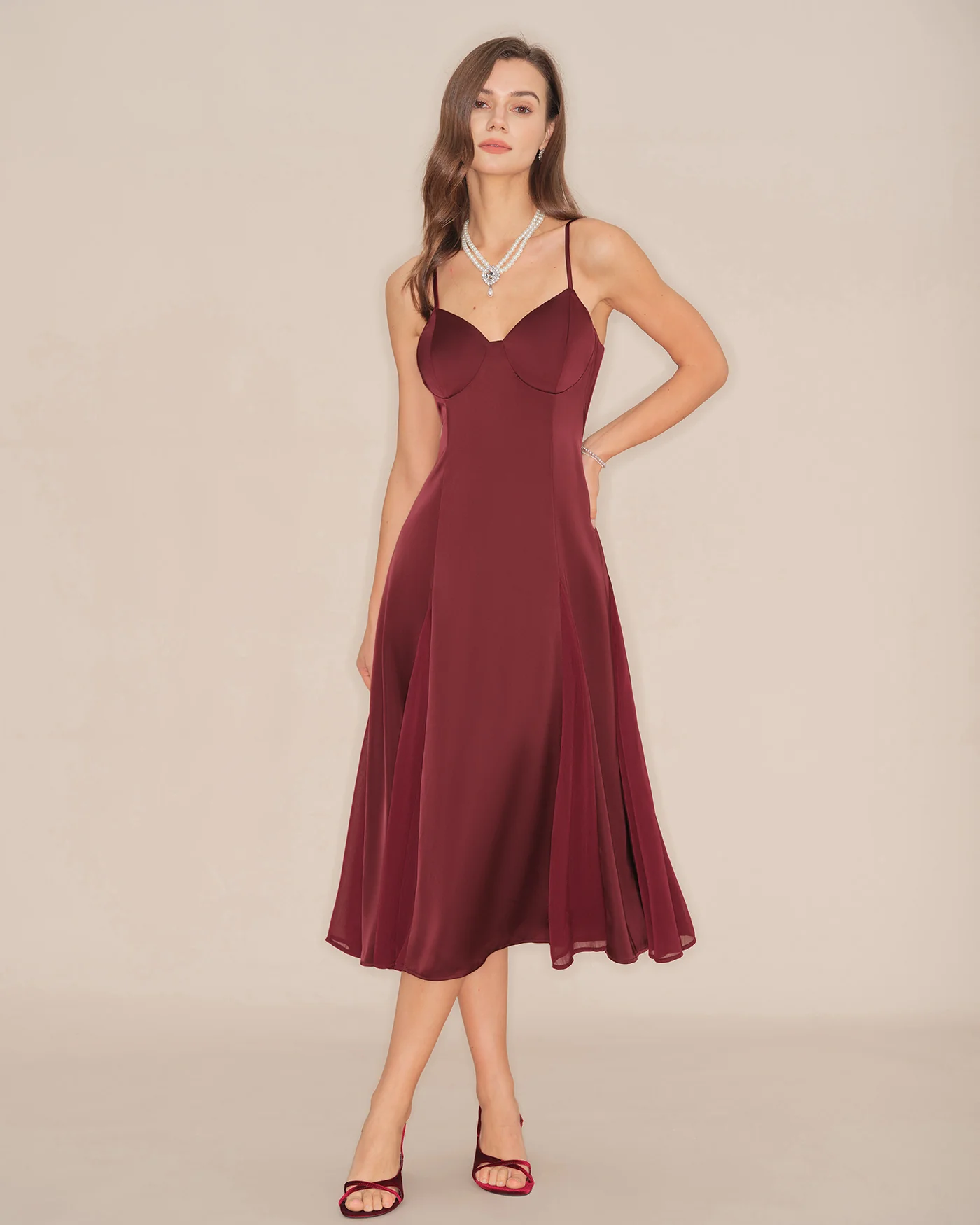 Wine Red Slip A-Line Midi Dress - Image 3