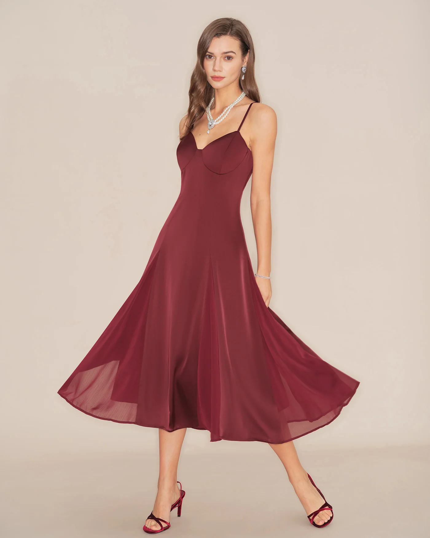 Wine Red Slip A-Line Midi Dress - Image 5
