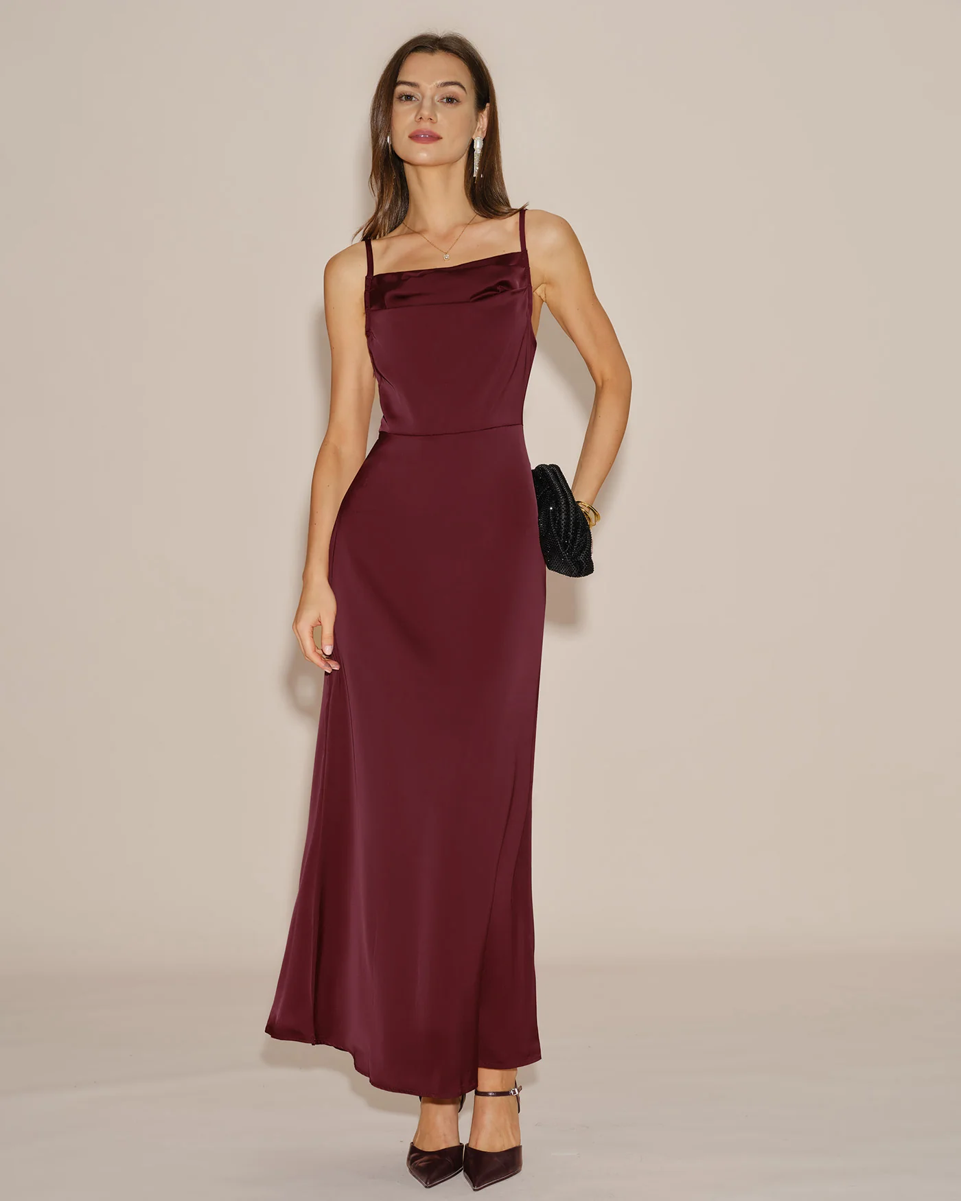 Wine Red Solid Tie Slip Maxi Dress - Image 3