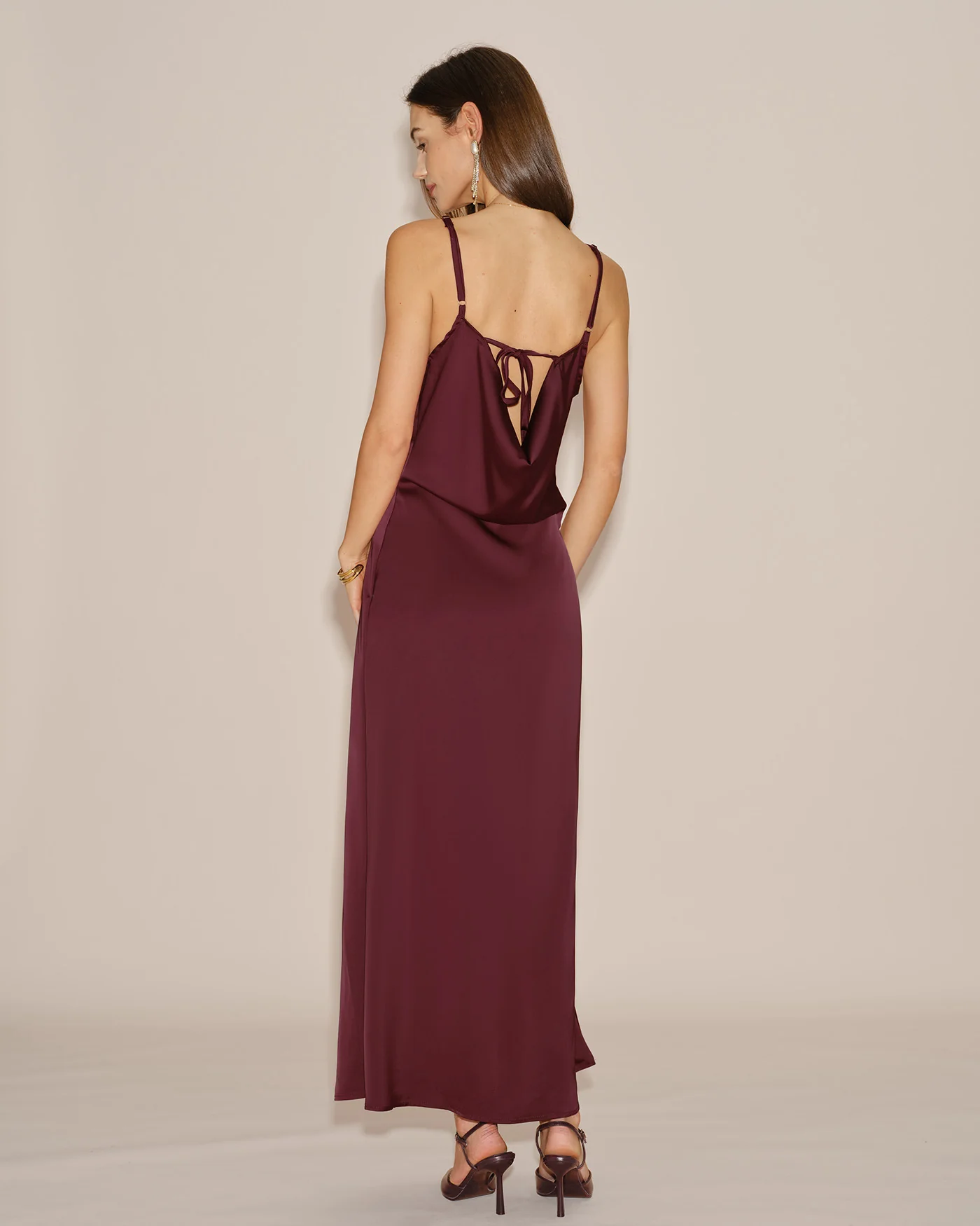 Wine Red Solid Tie Slip Maxi Dress - Image 4