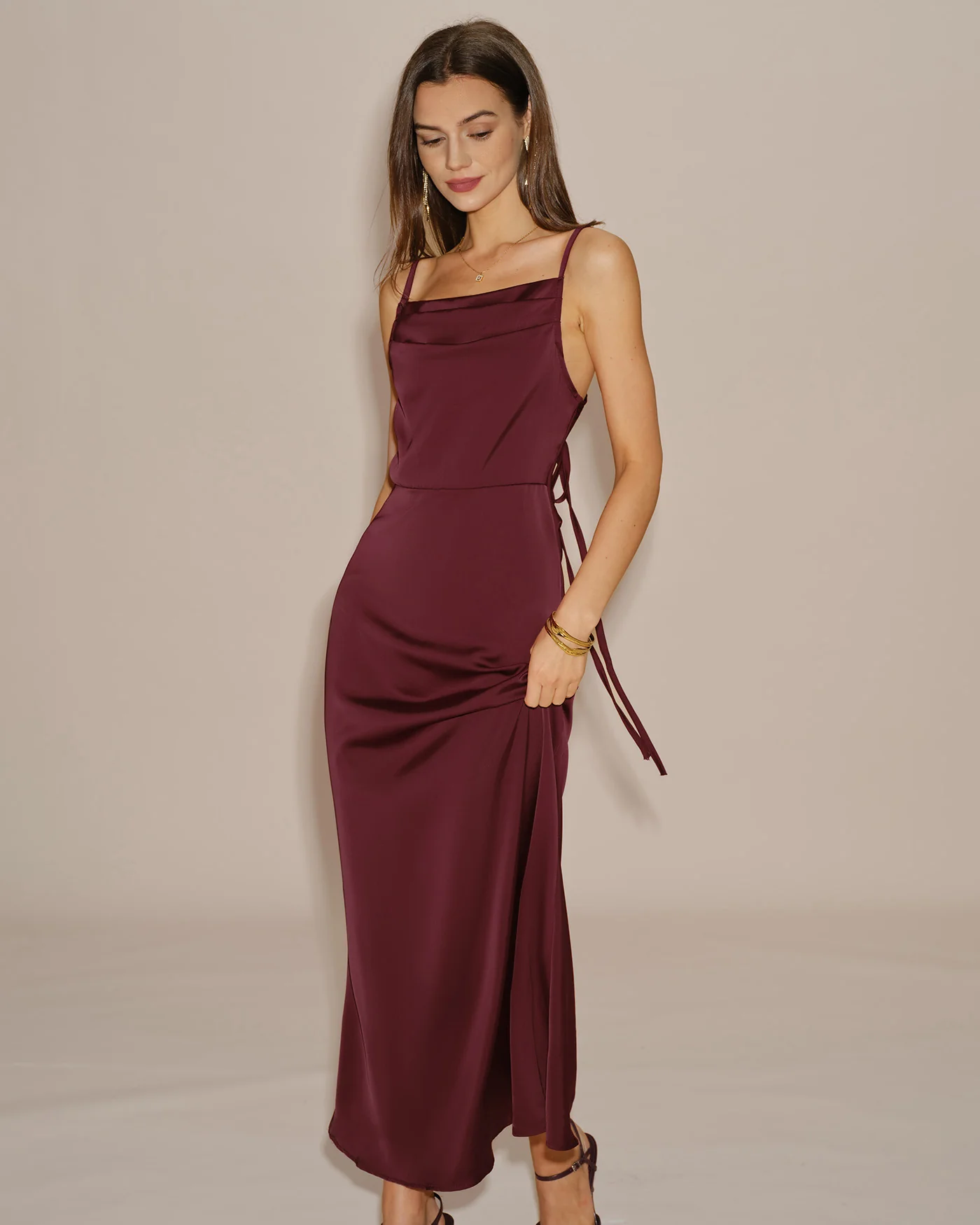 Wine Red Solid Tie Slip Maxi Dress - Image 5