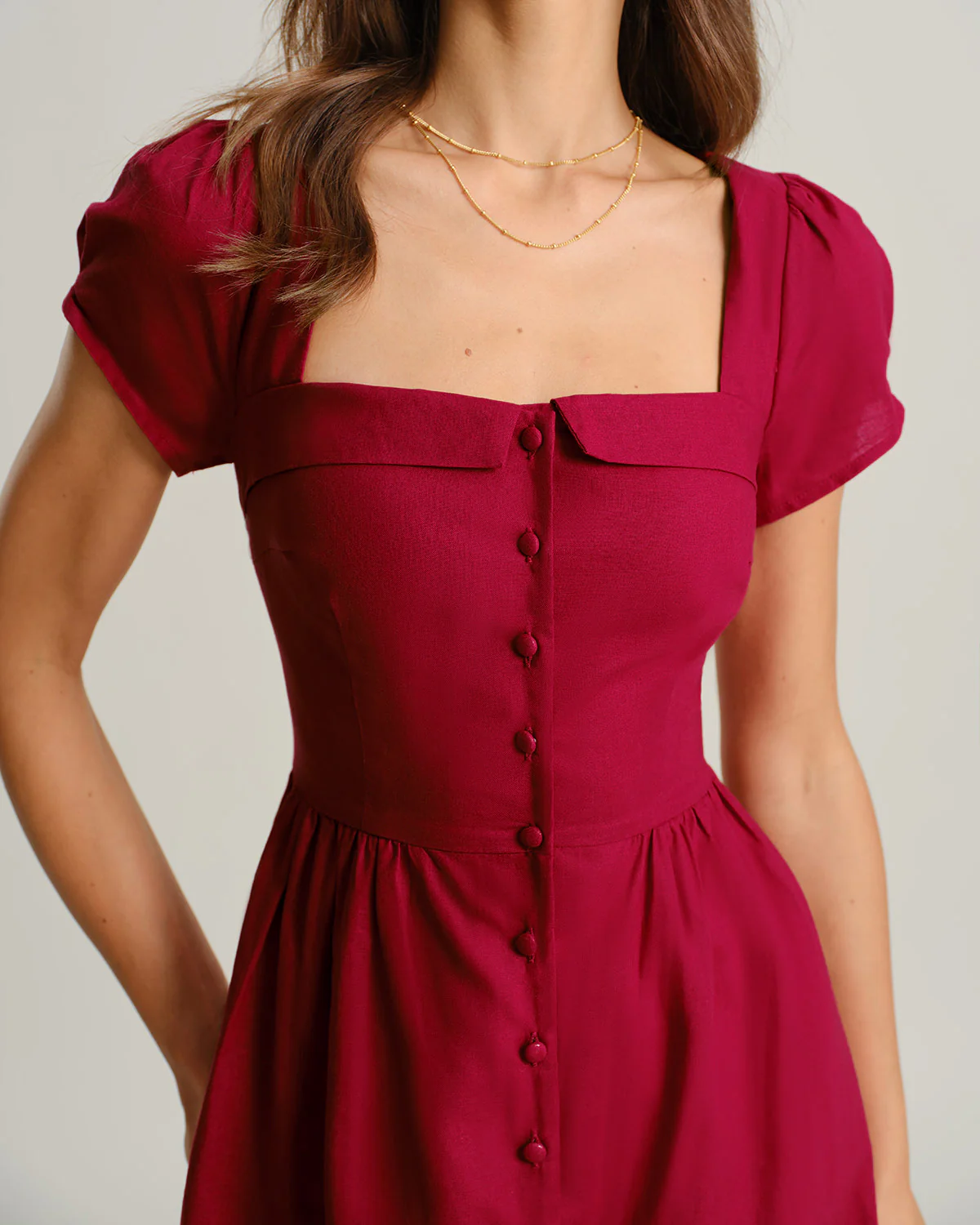 Wine Red Square Neck A-Line Midi Dress - Image 2