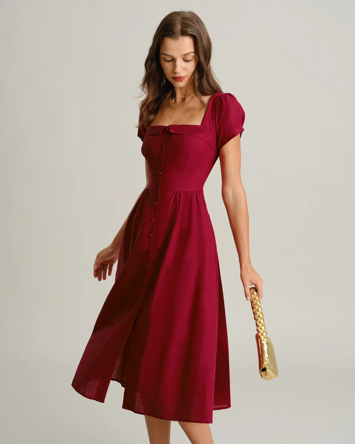 Wine Red Square Neck A-Line Midi Dress - Image 3