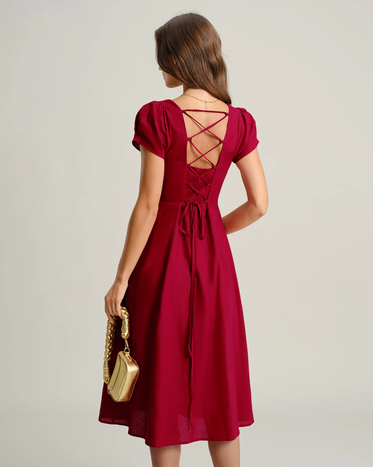 Wine Red Square Neck A-Line Midi Dress - Image 4