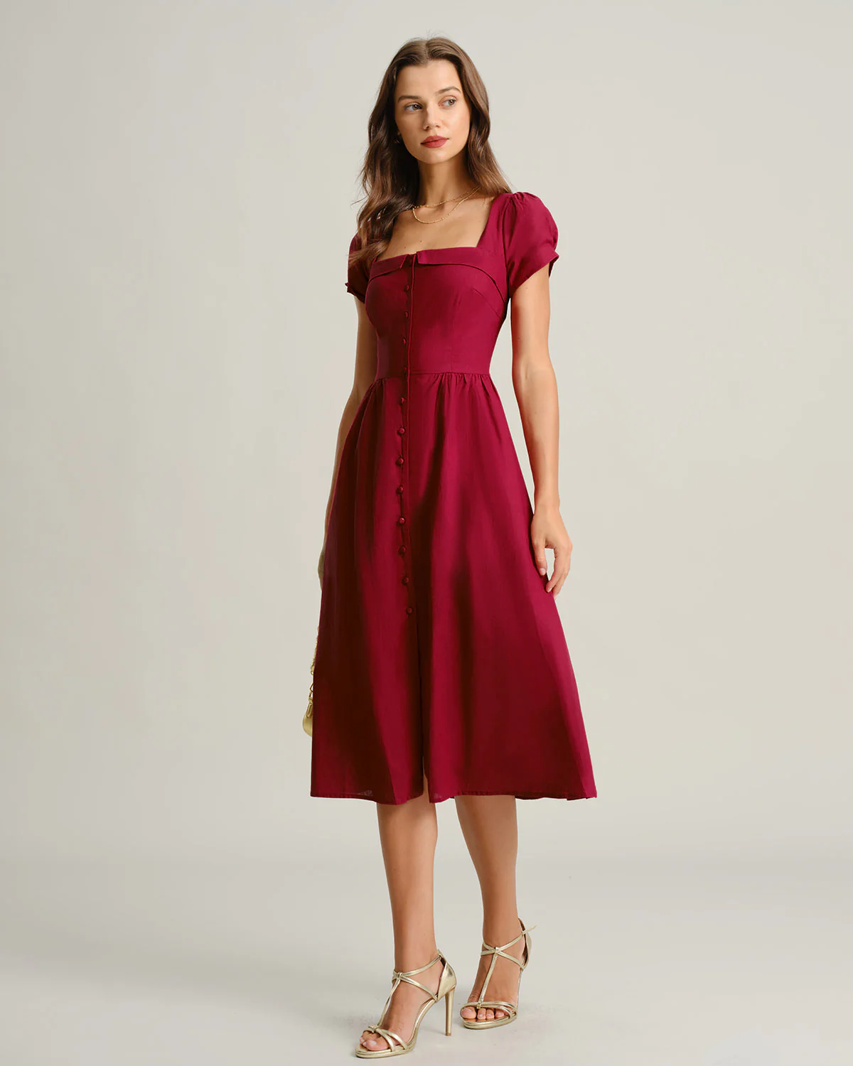 Wine Red Square Neck A-Line Midi Dress - Image 5