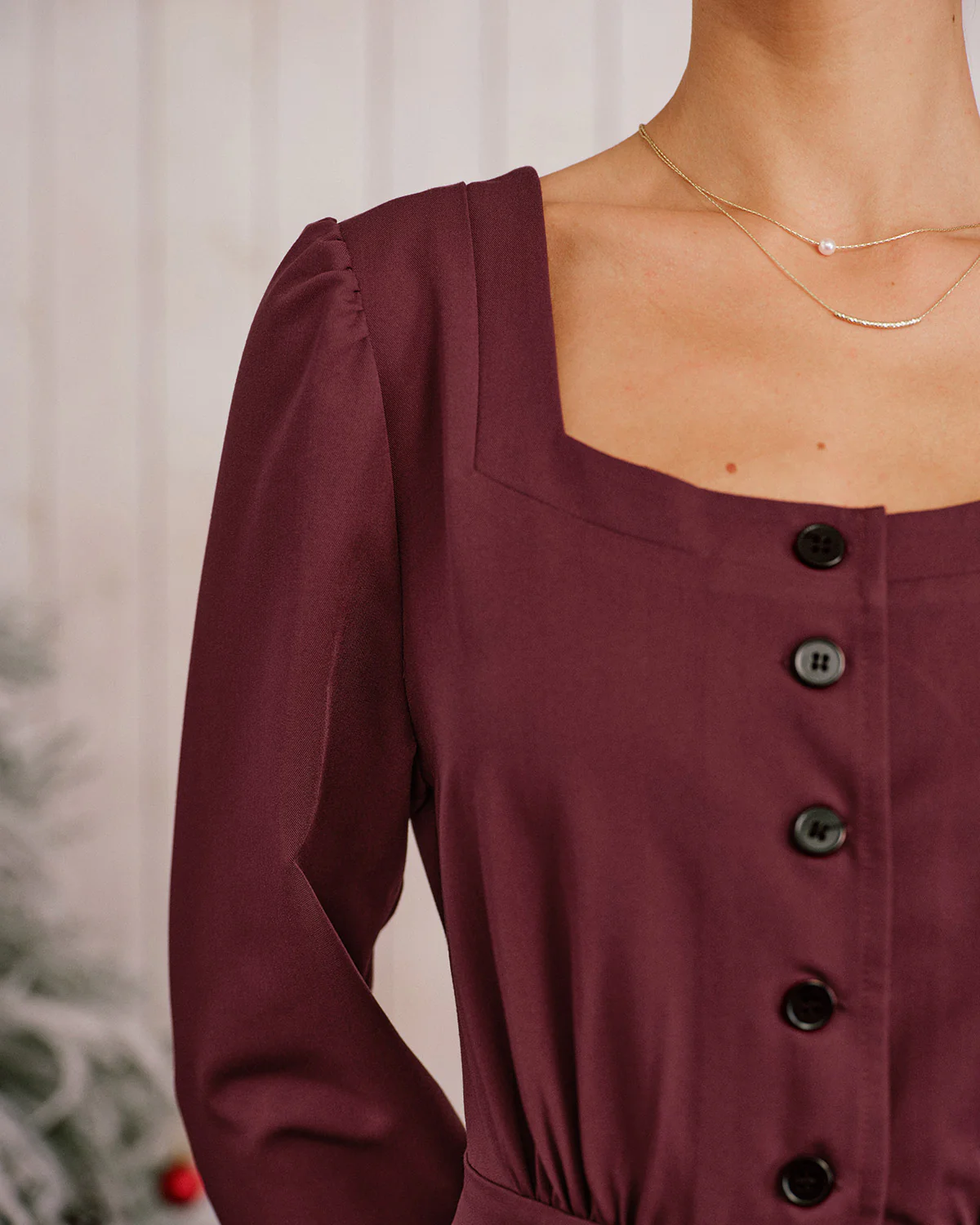 Wine Red Square Neck Button Midi Dress - Image 2