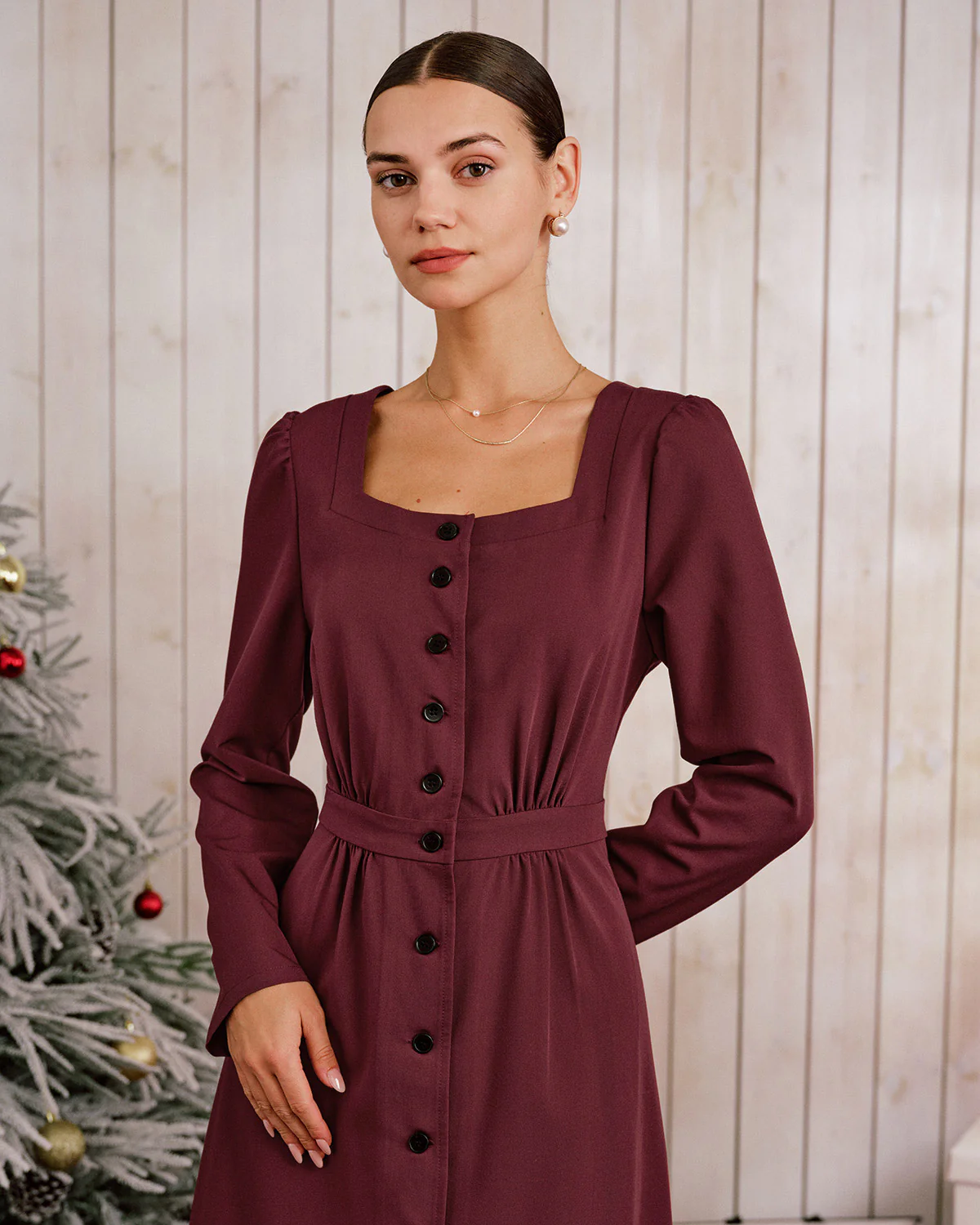 Wine Red Square Neck Button Midi Dress - Image 3