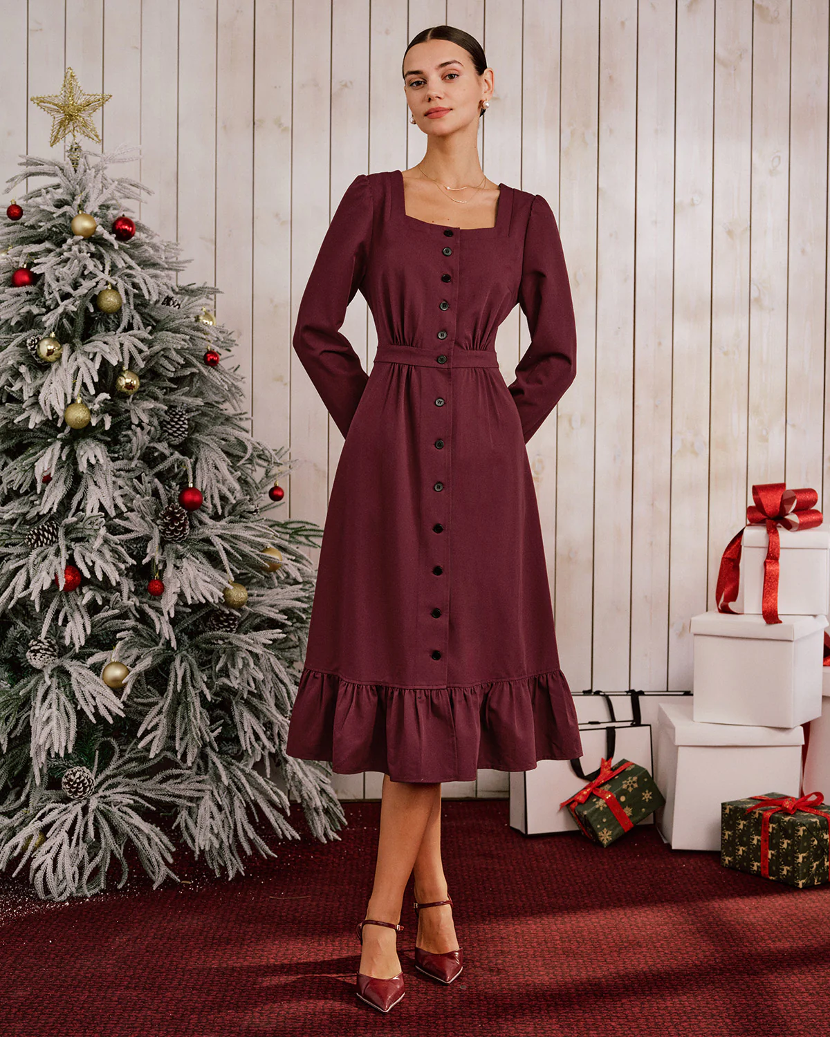 Wine Red Square Neck Button Midi Dress - Image 4