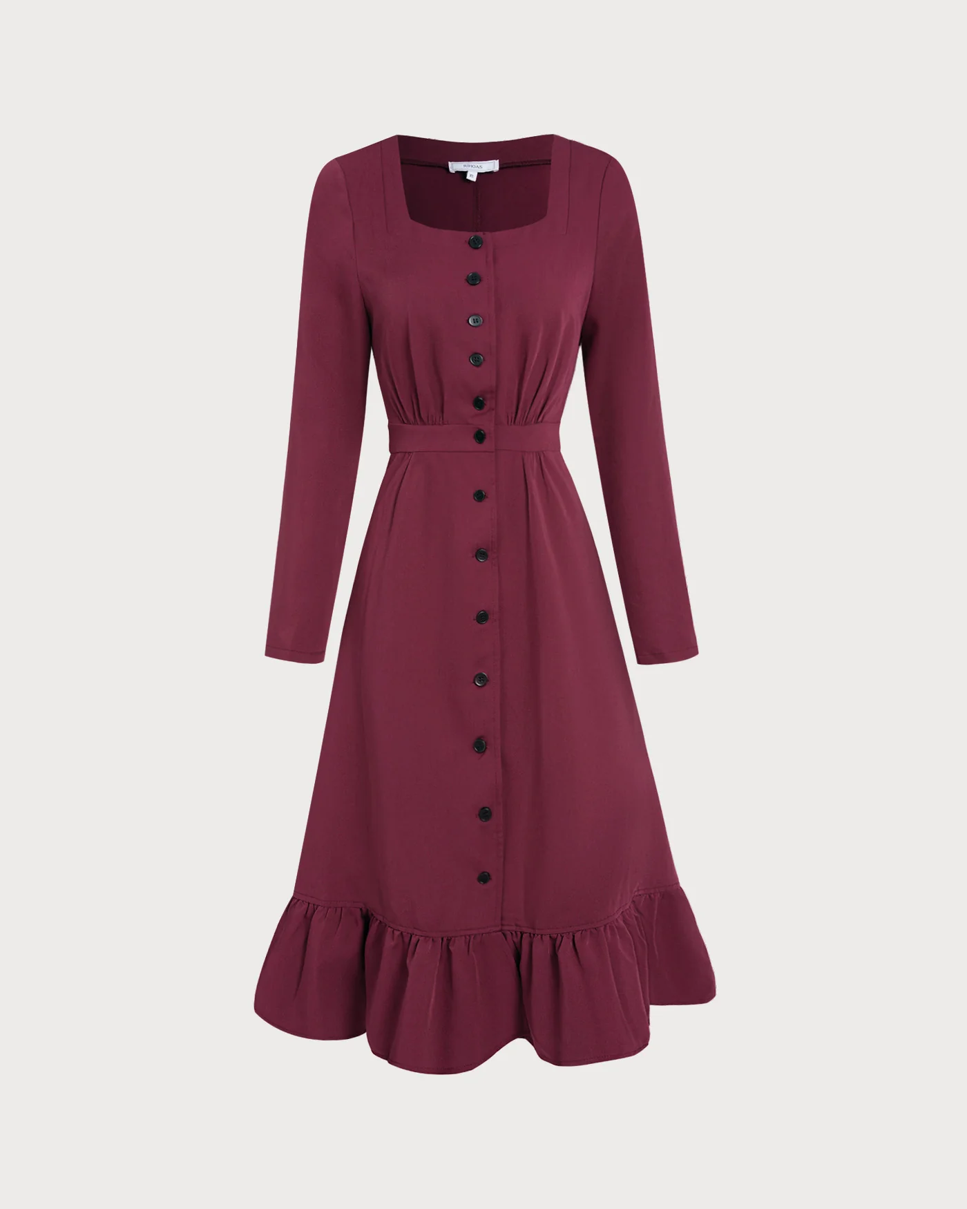 Wine Red Square Neck Button Midi Dress - Image 6