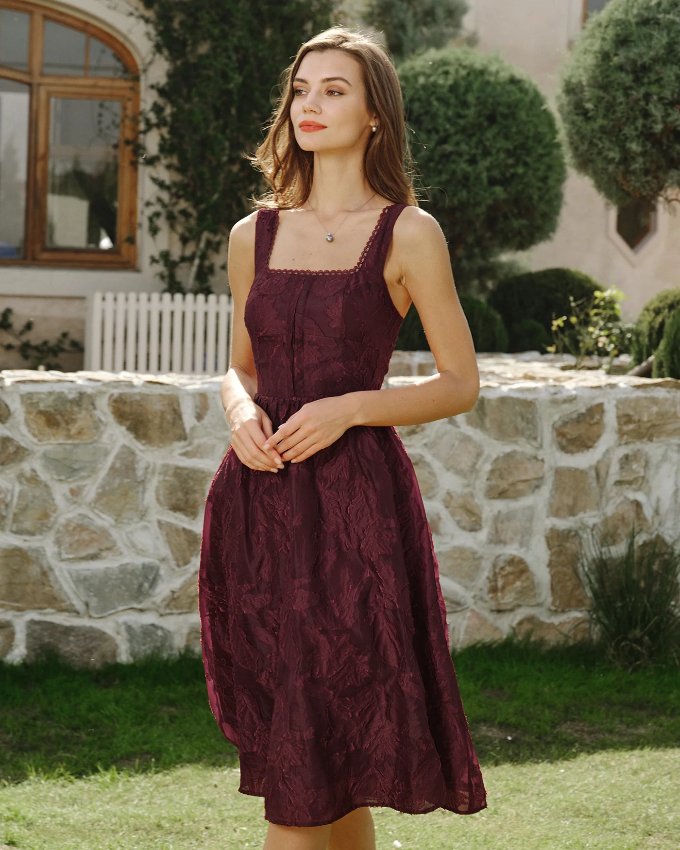 Wine Red Square Neck Jacquard Midi Dress - Image 3