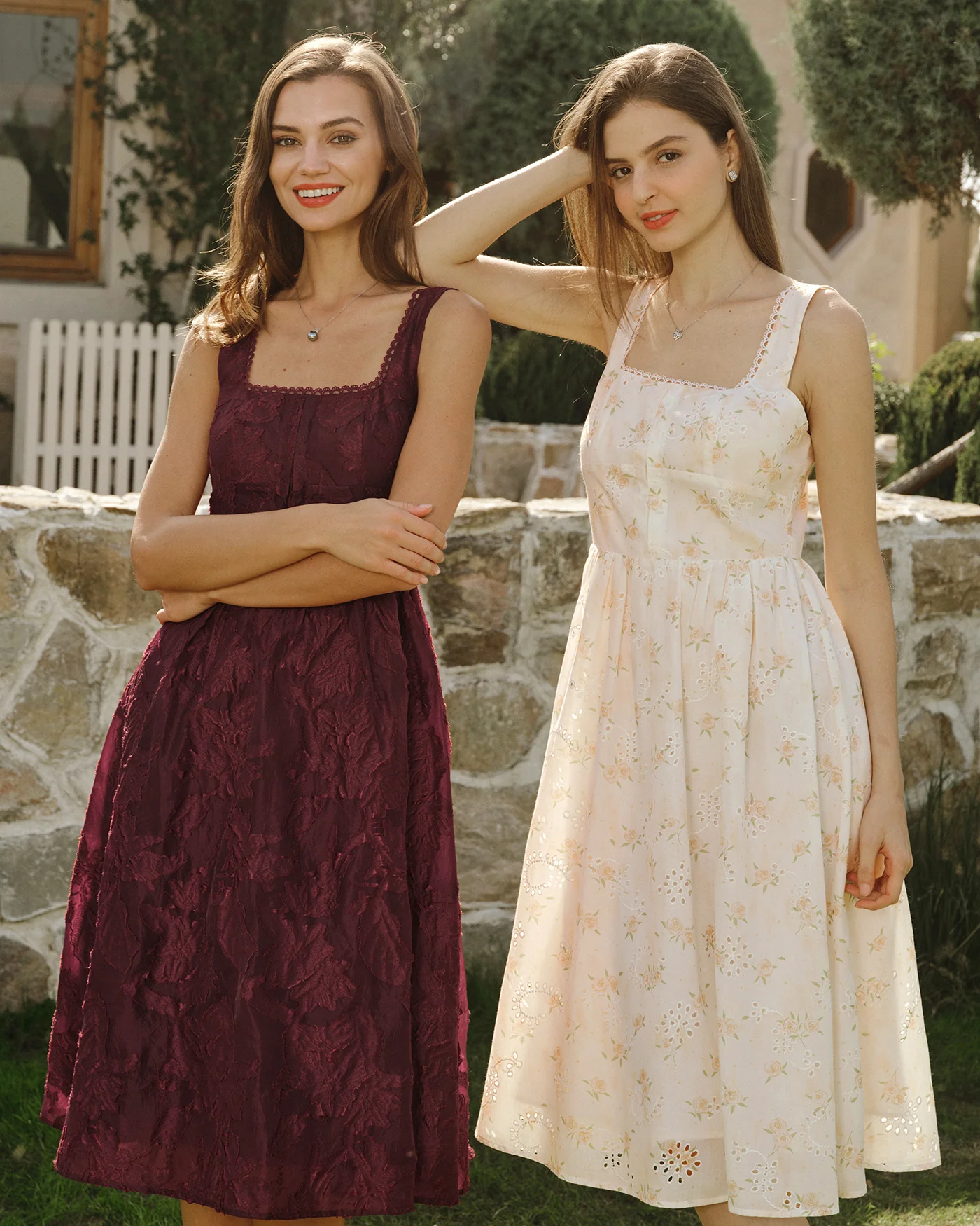Wine Red Square Neck Jacquard Midi Dress - Image 5