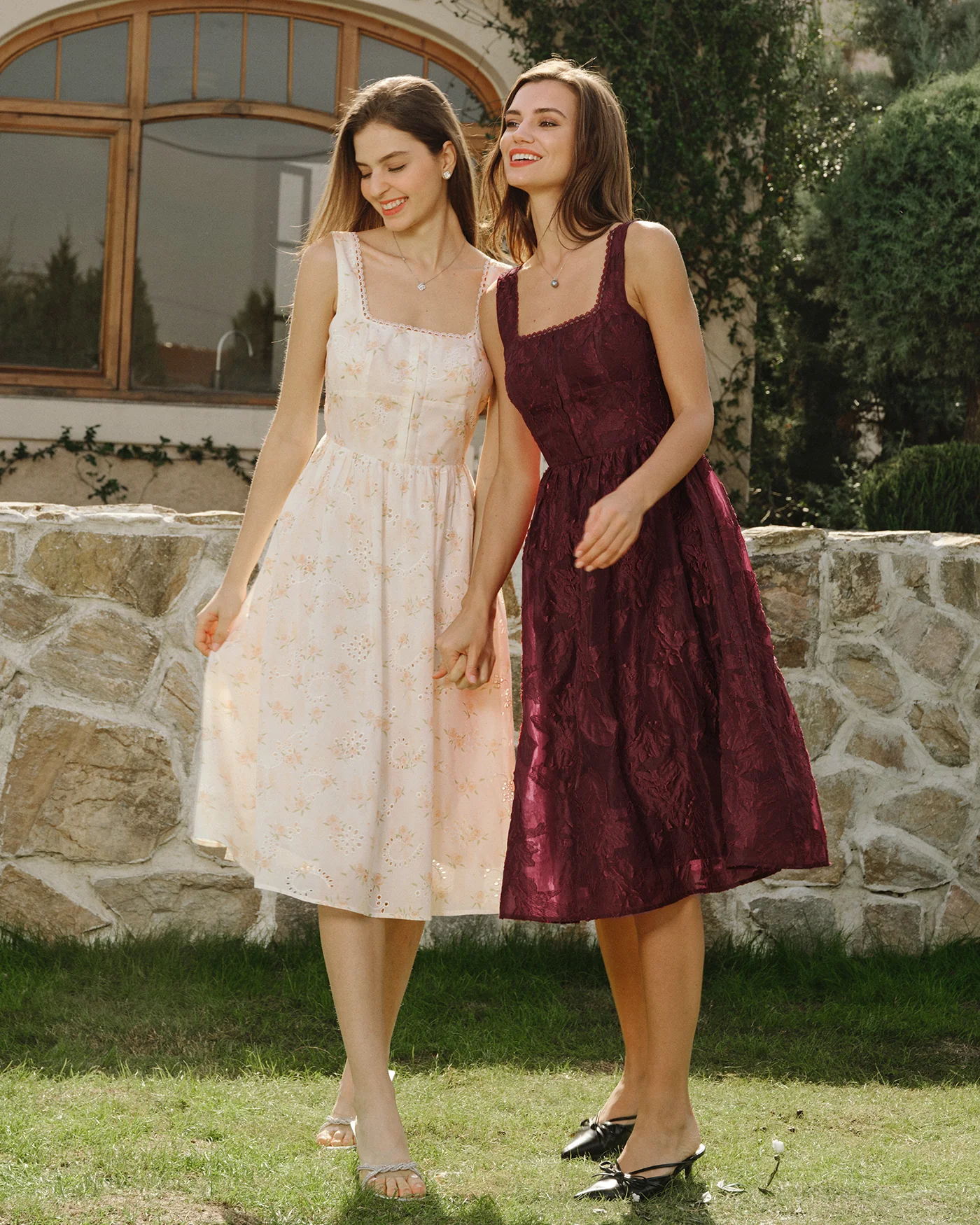 Wine Red Square Neck Jacquard Midi Dress - Image 6