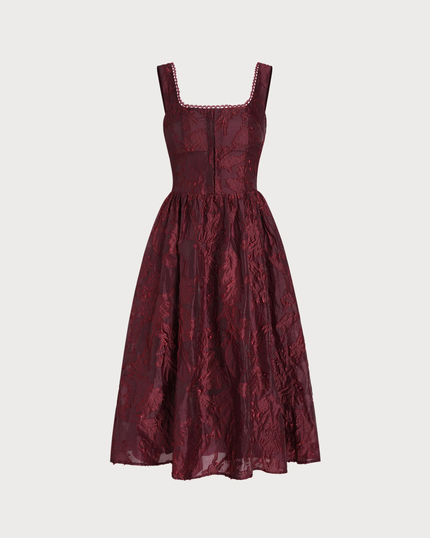 Wine Red Square Neck Jacquard Midi Dress - Image 7