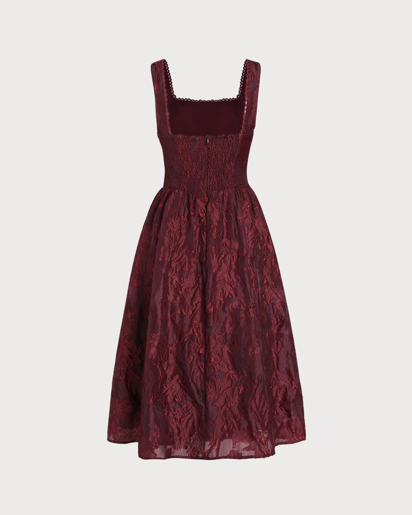 Wine Red Square Neck Jacquard Midi Dress - Image 8