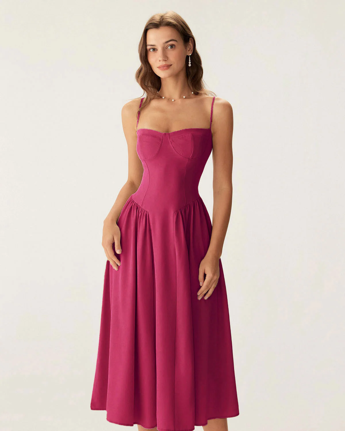 Wine Red Square Neck Pocket Slip Midi Dress - Image 3