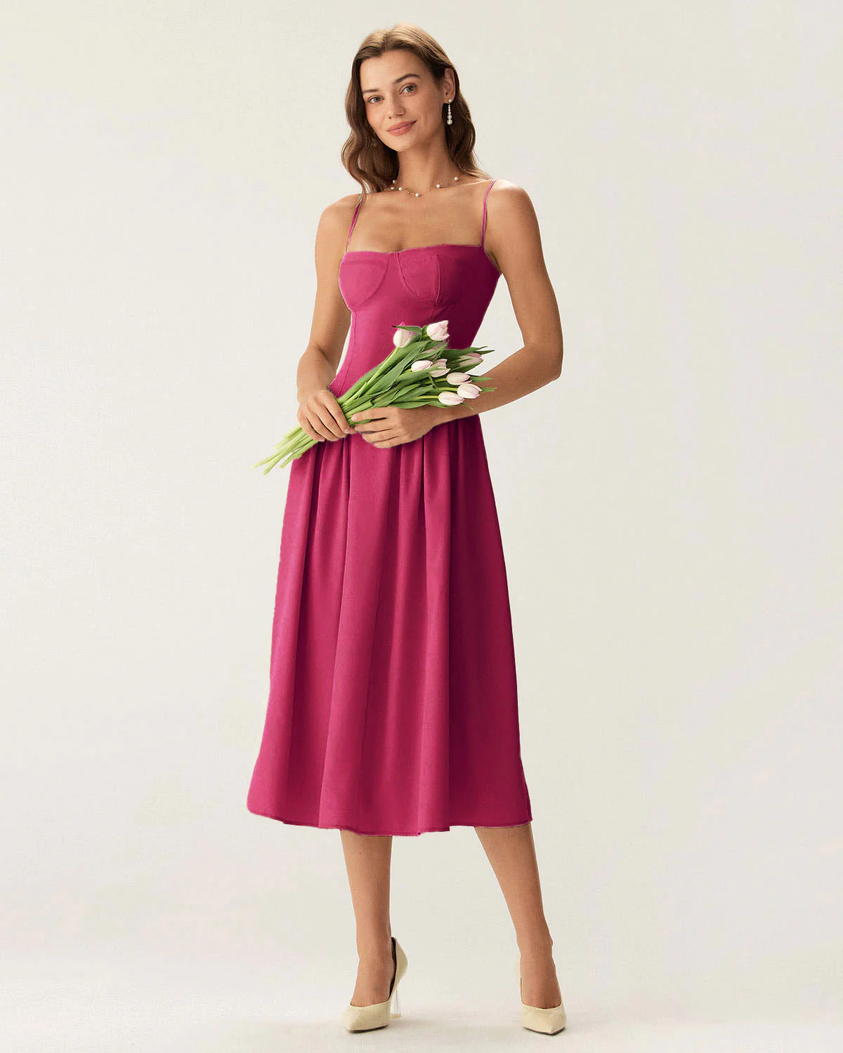 Wine Red Square Neck Pocket Slip Midi Dress - Image 4