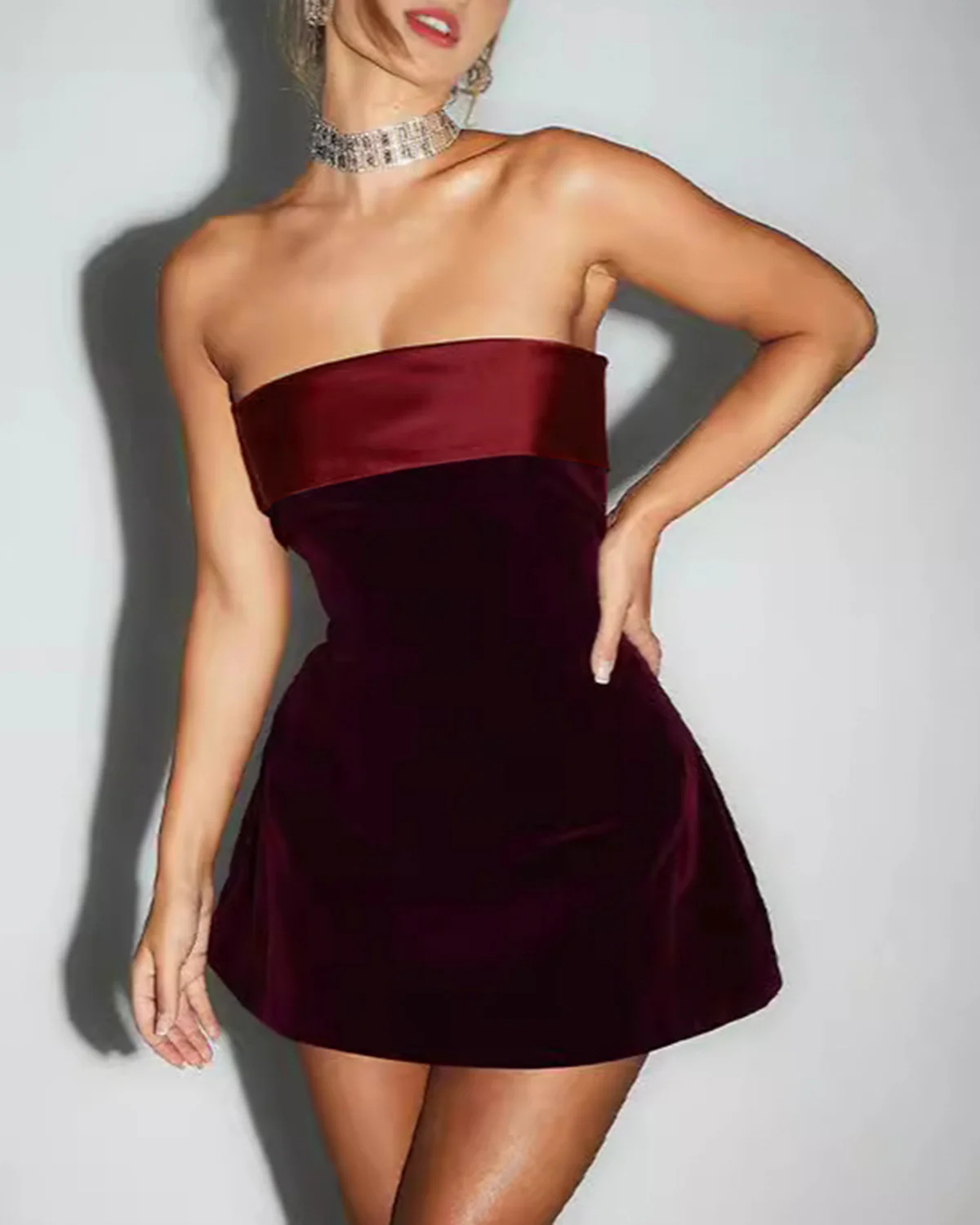 Wine Red Strapless A-Line Mini Dress - Image 2