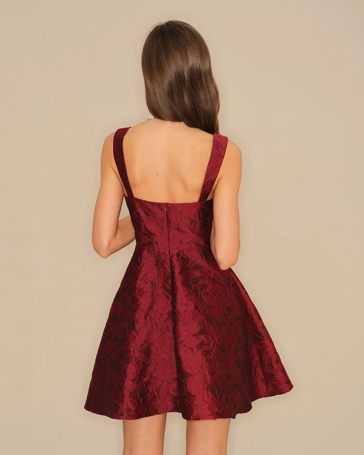 Wine Red Sweetheart Neck Jacquard Mini Dress - Image 4
