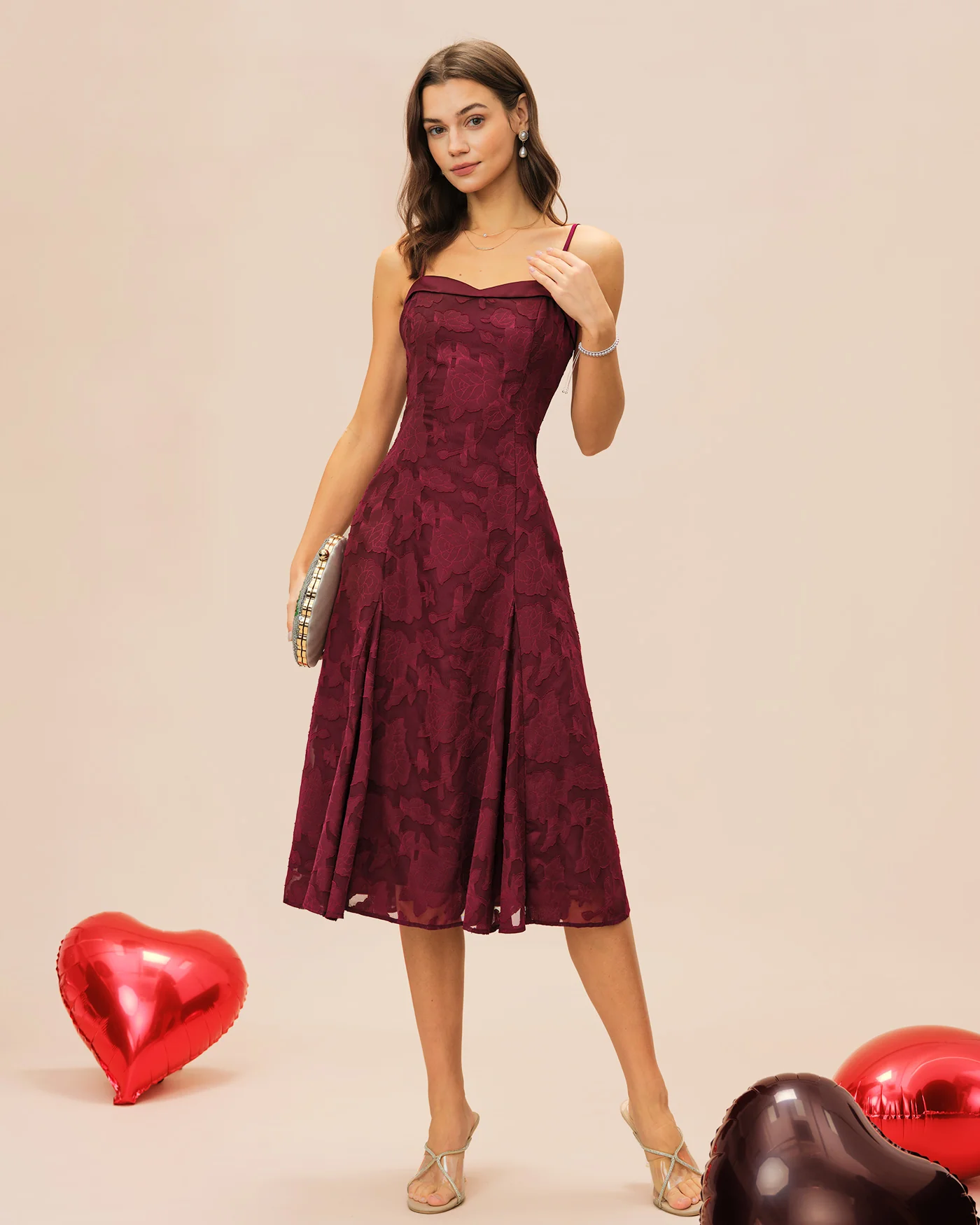 Wine Red Sweetheart Neck Jacquard Slip Midi Dress - Image 3