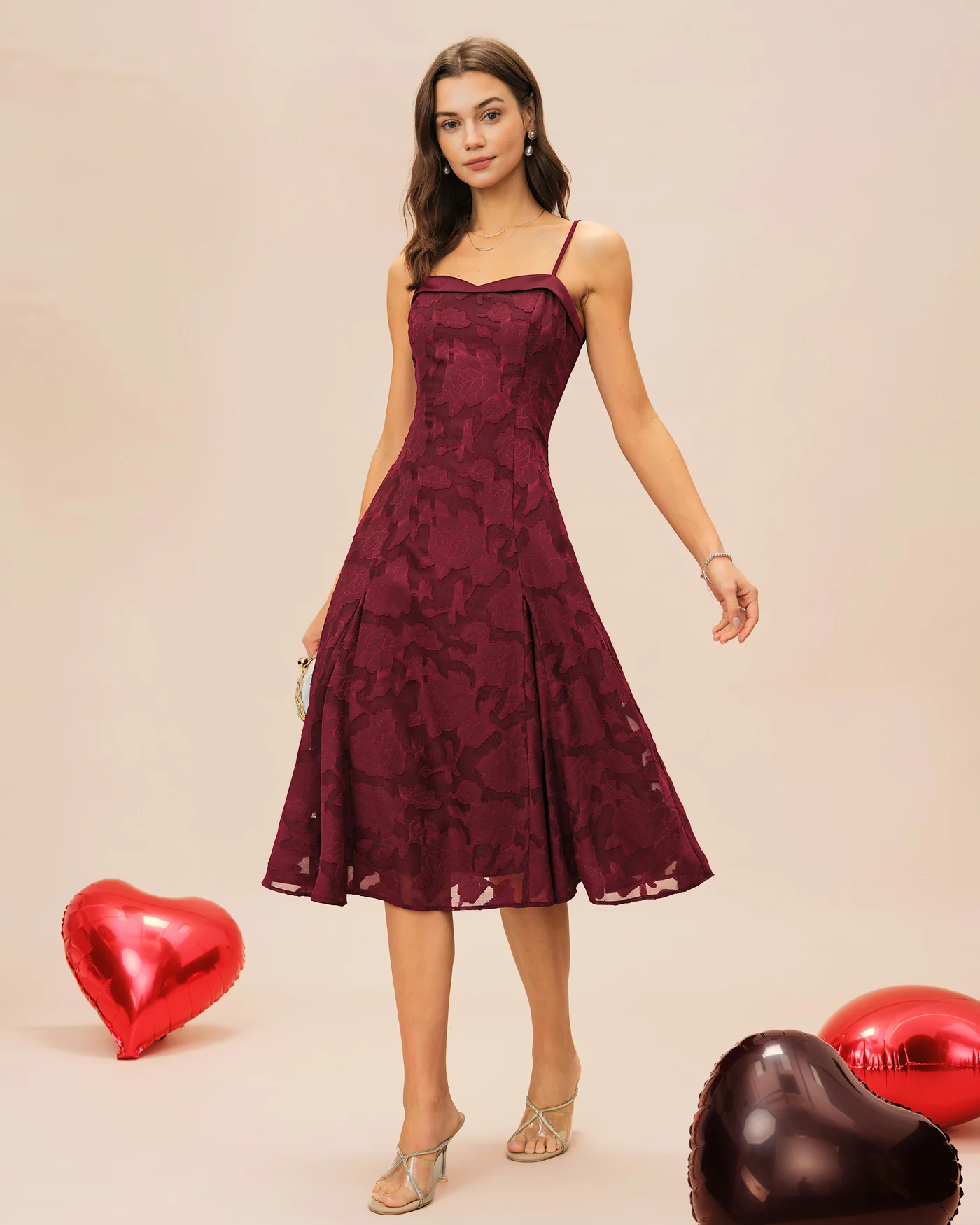 Wine Red Sweetheart Neck Jacquard Slip Midi Dress - Image 4