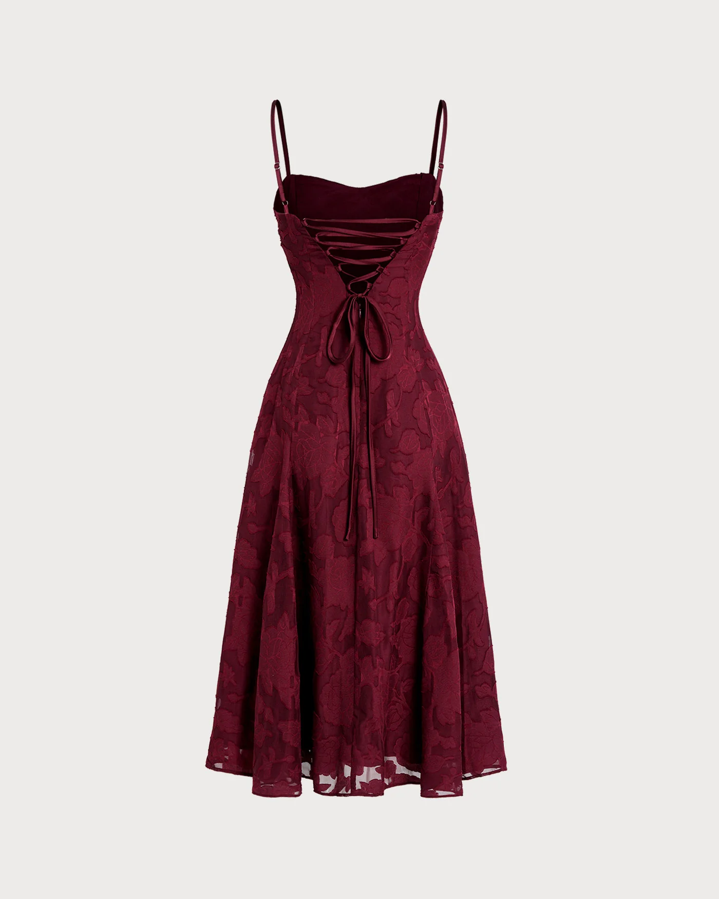 Wine Red Sweetheart Neck Jacquard Slip Midi Dress - Image 8
