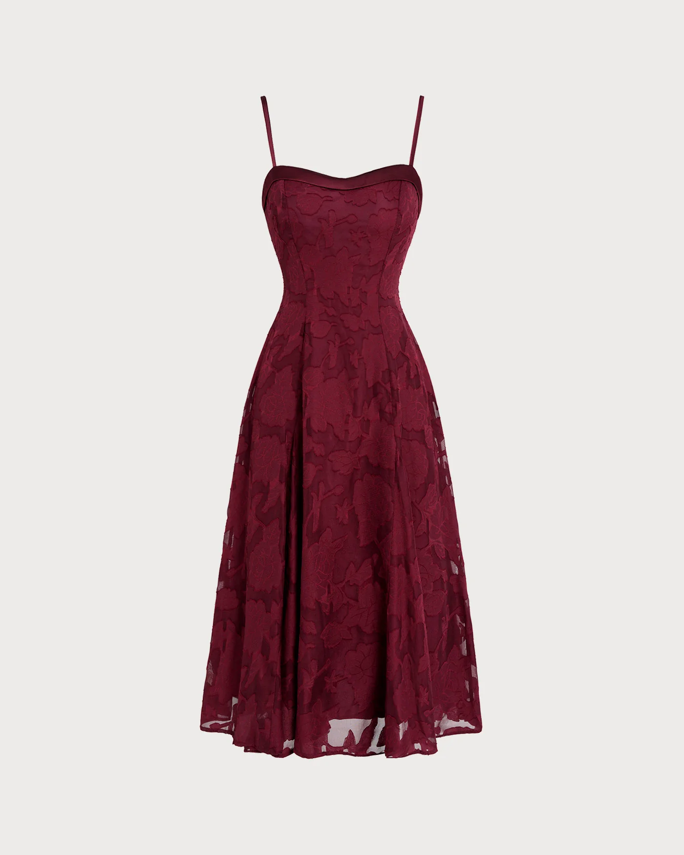 Wine Red Sweetheart Neck Jacquard Slip Midi Dress - Image 9