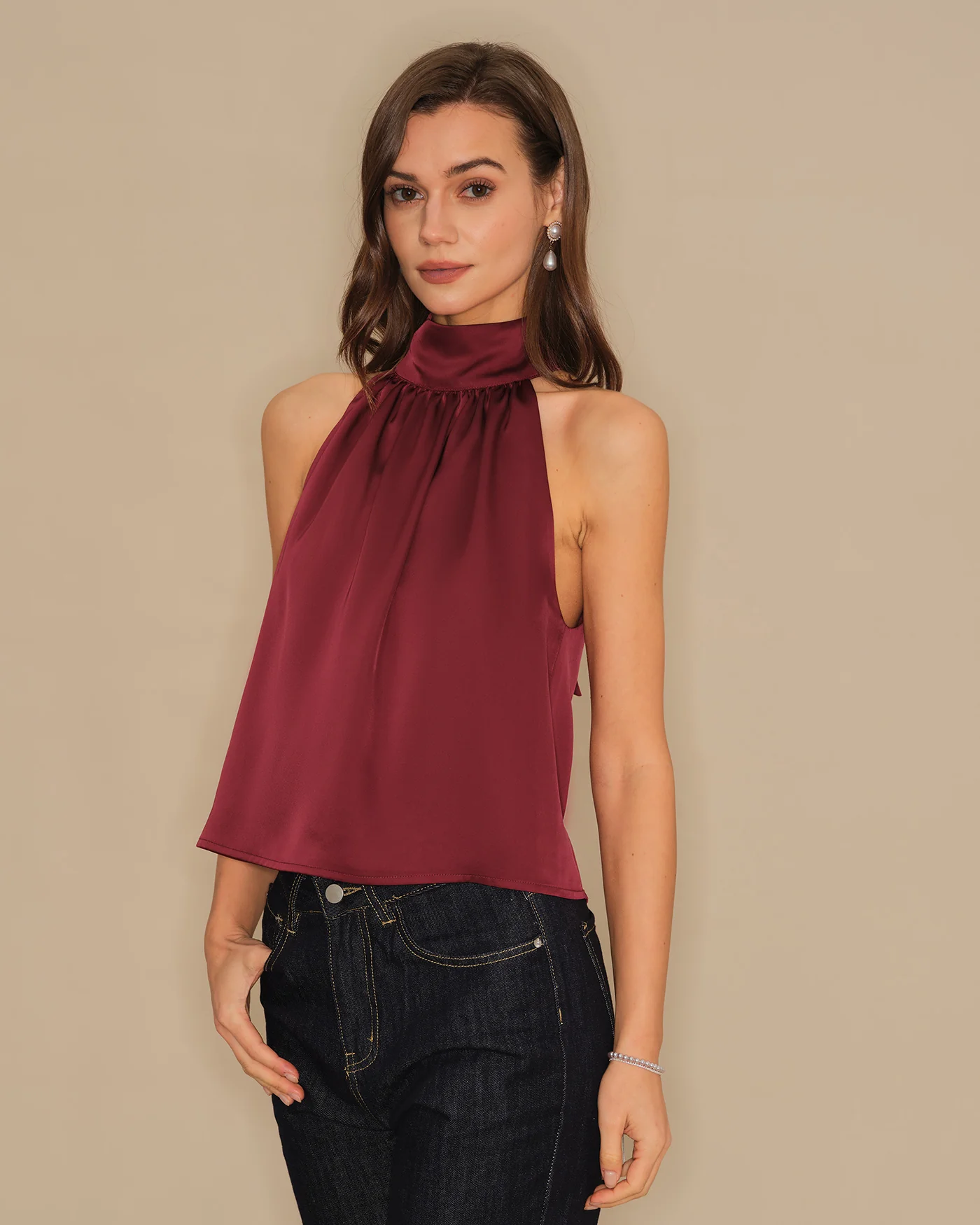 Wine Red Turtle Bowknot Satin Tank Top - Image 2