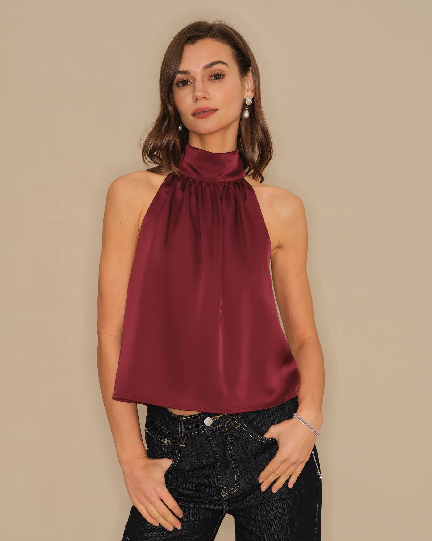 Wine Red Turtle Bowknot Satin Tank Top - Image 4