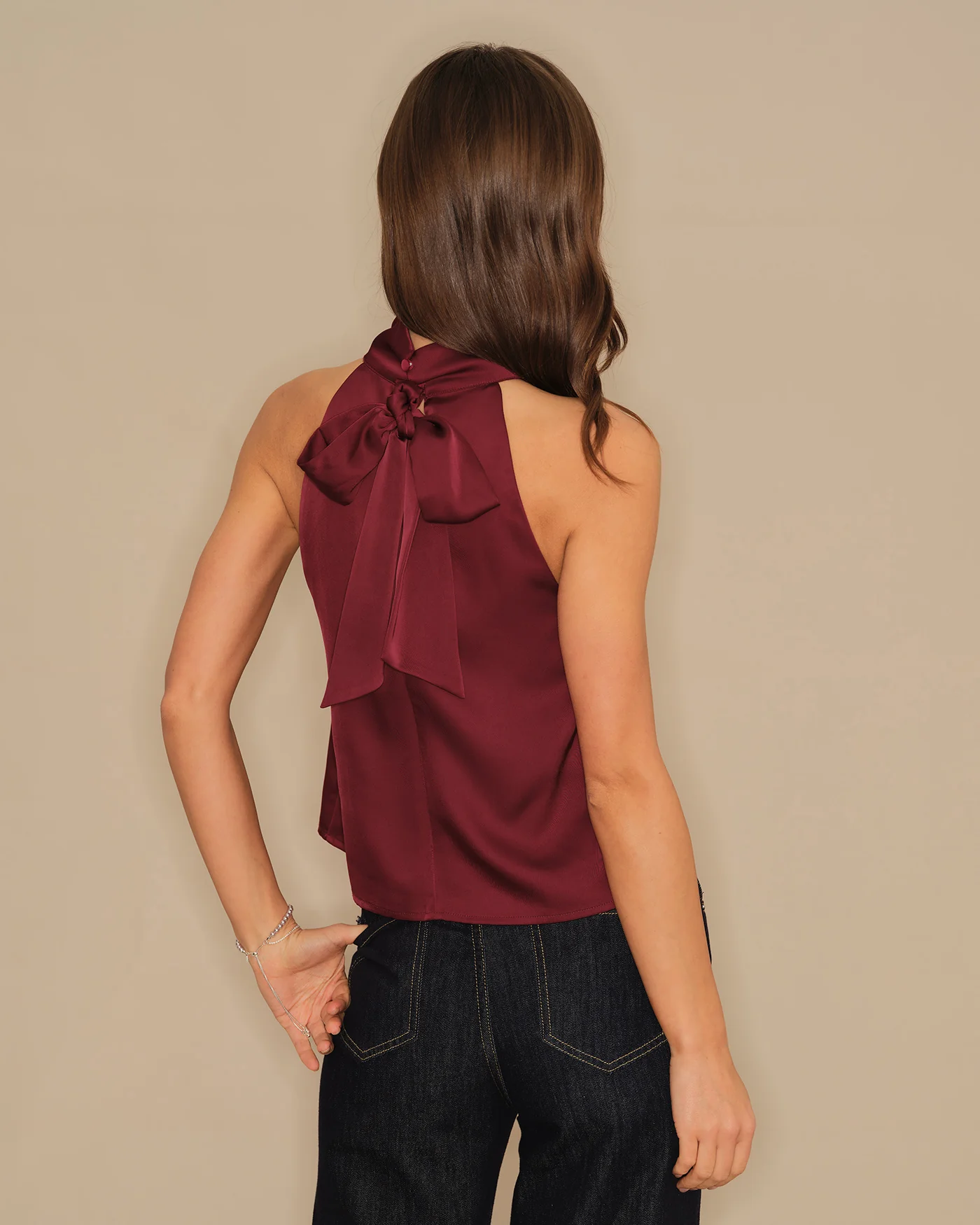 Wine Red Turtle Bowknot Satin Tank Top - Image 5