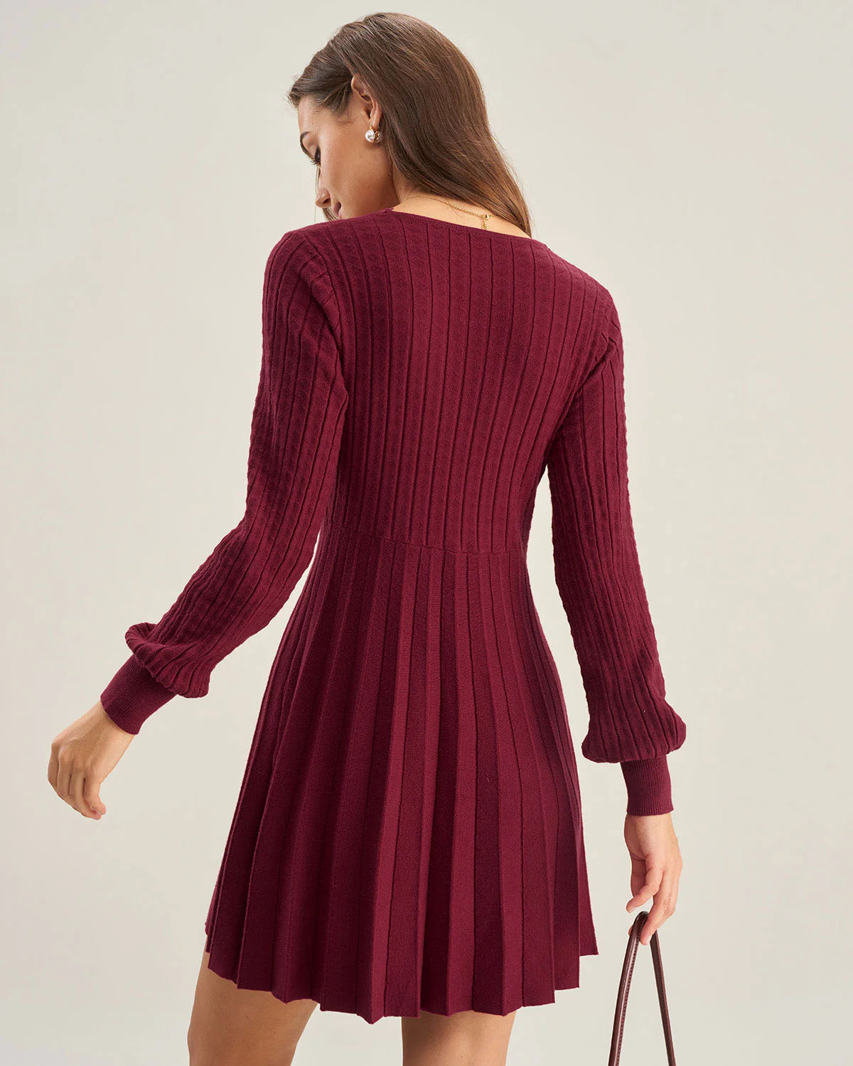 Wine Red V-Neck A-Line Sweater Dress - Image 4