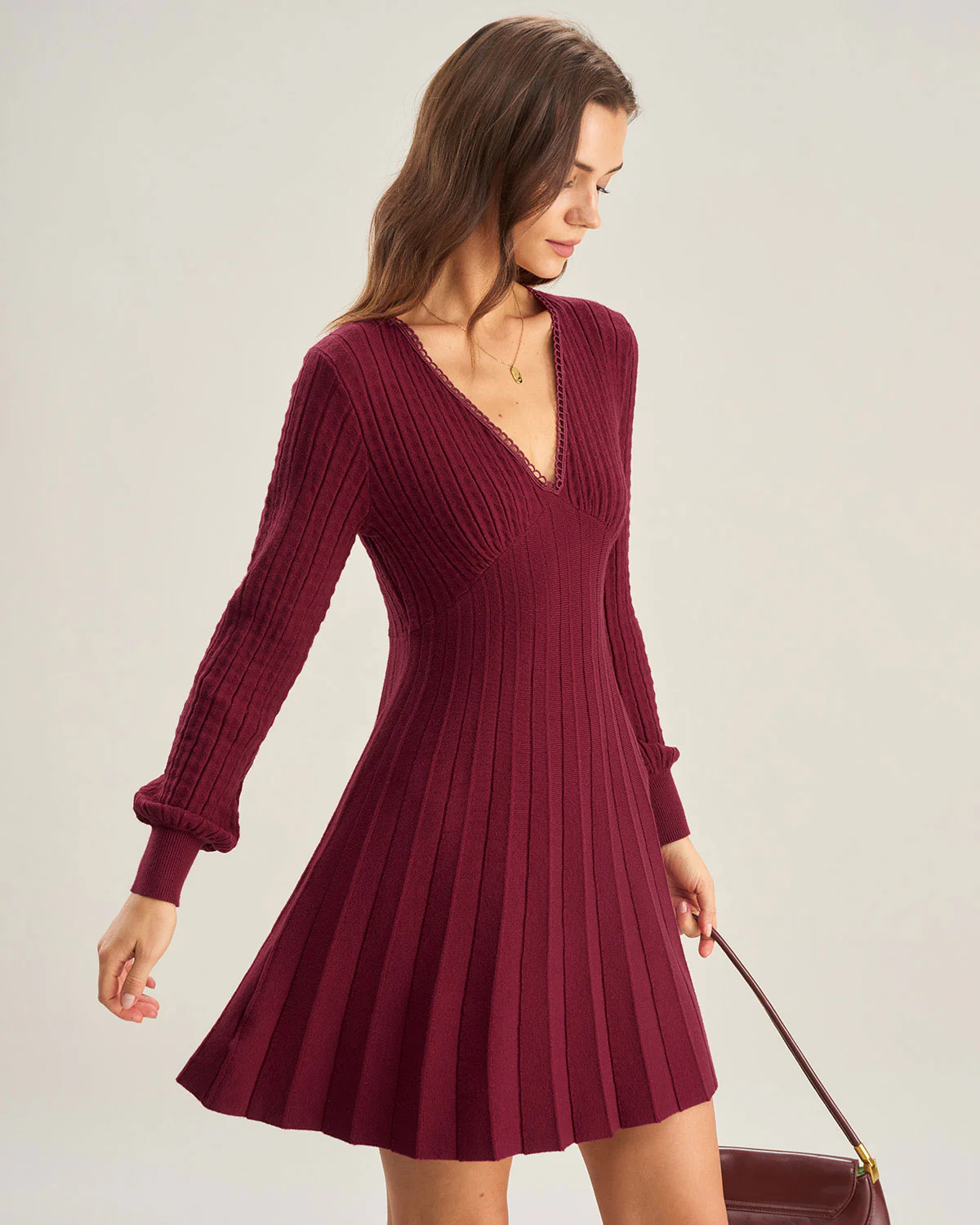Wine Red V-Neck A-Line Sweater Dress - Image 5