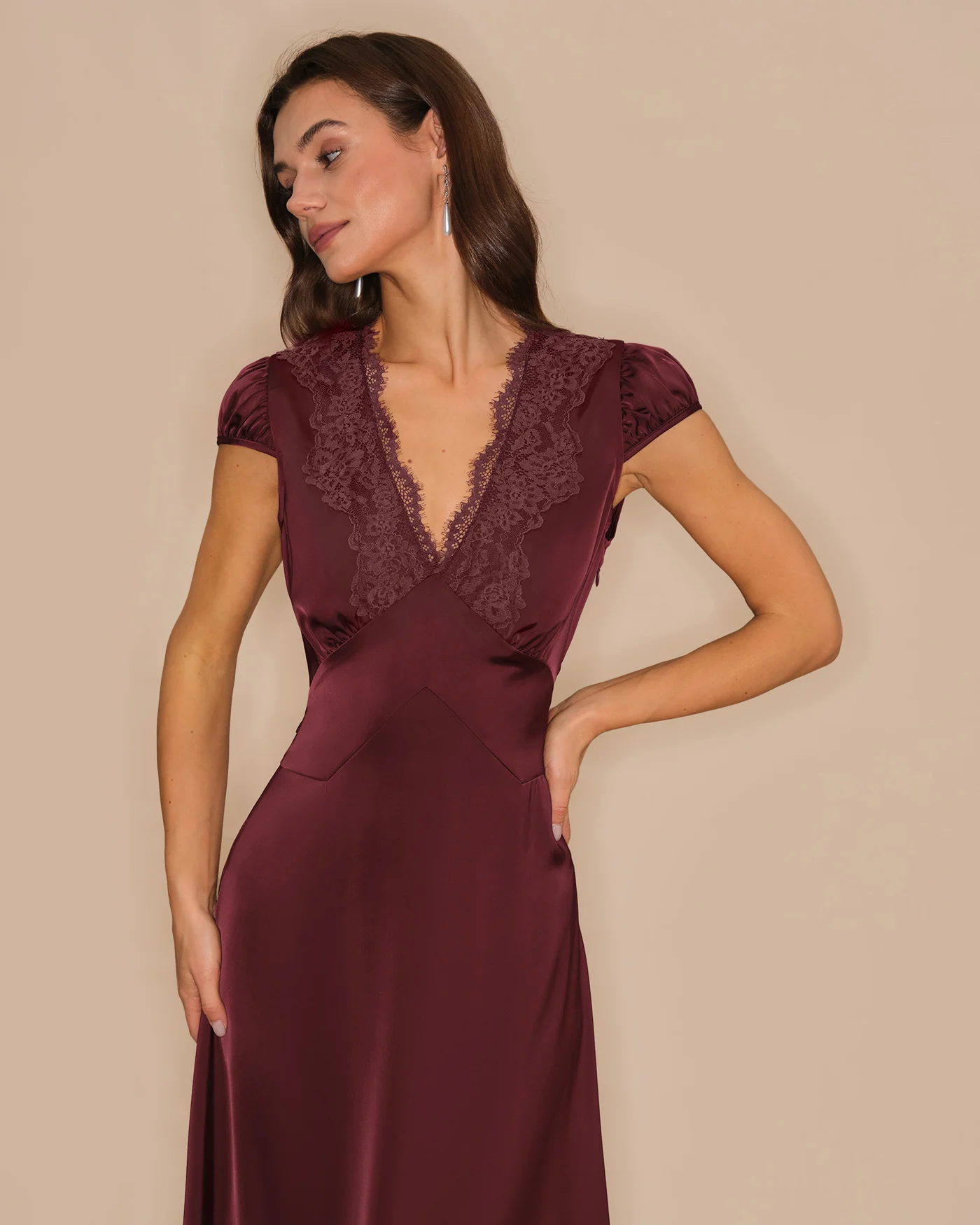 Wine Red V Neck Lace Maxi Dress - Image 3