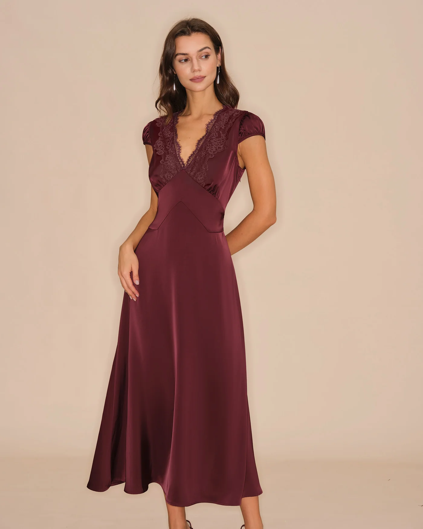 Wine Red V Neck Lace Maxi Dress - Image 4