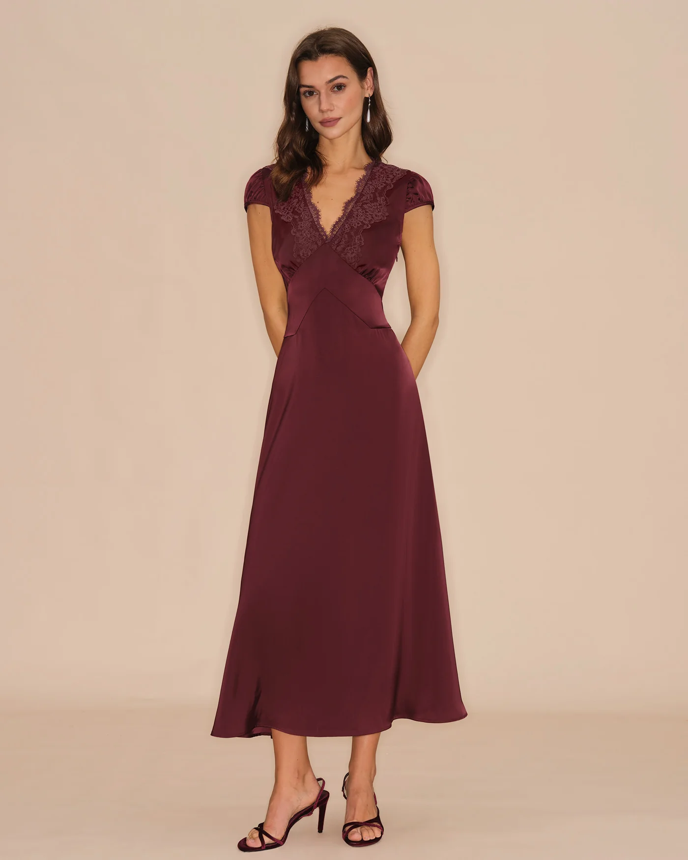 Wine Red V Neck Lace Maxi Dress - Image 5