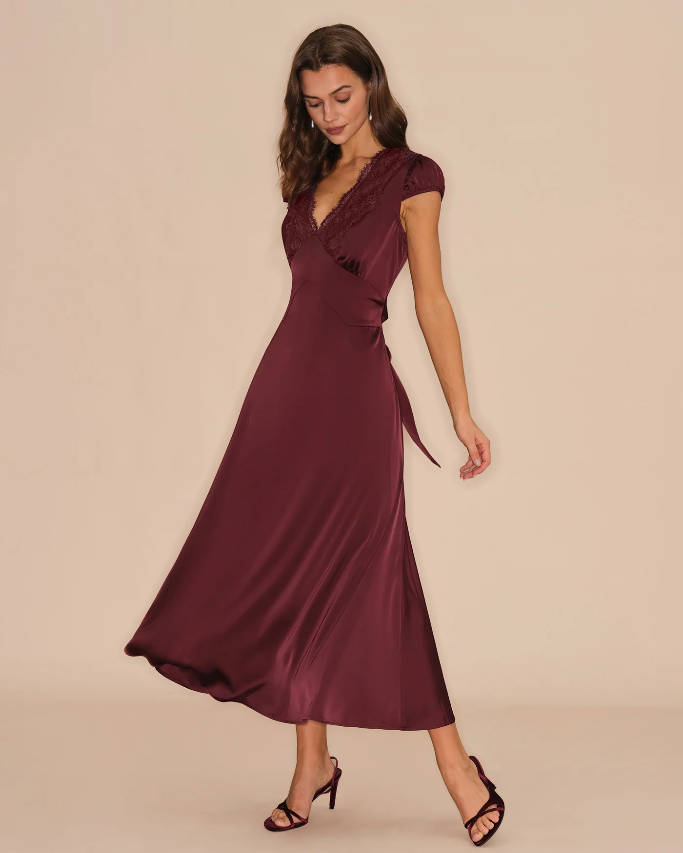 Wine Red V Neck Lace Maxi Dress - Image 6