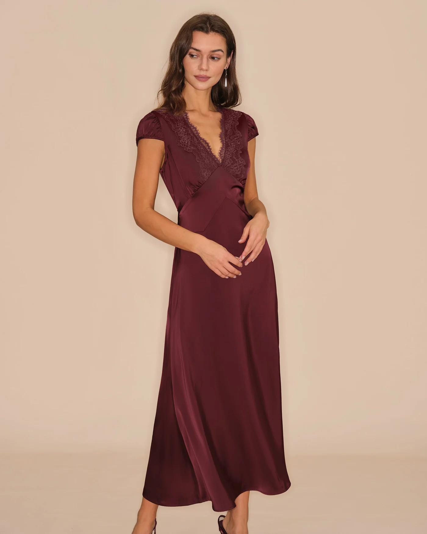 Wine Red V Neck Lace Maxi Dress - Image 7