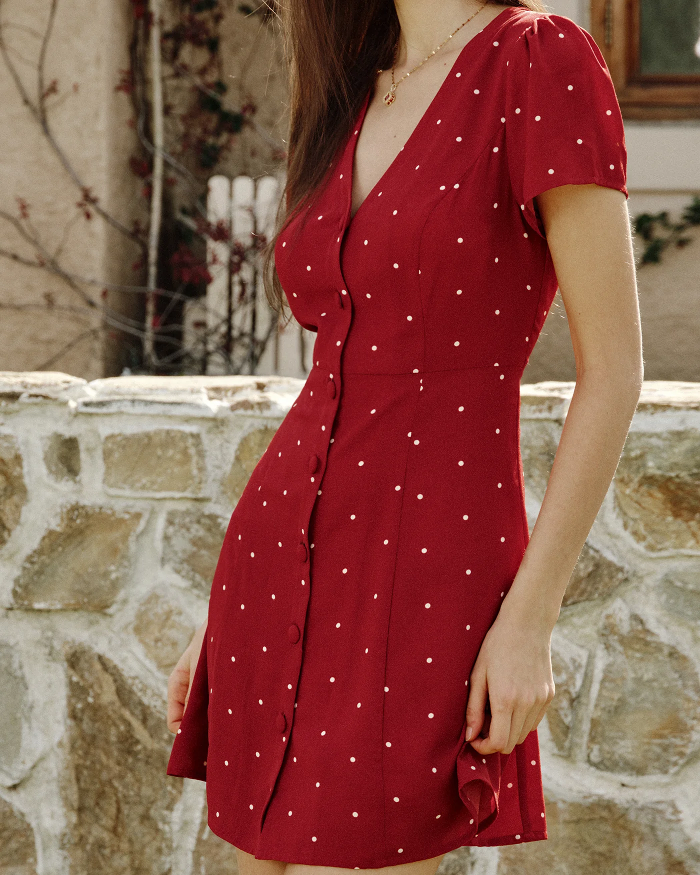 Wine Red V Neck Polka Dot Mini Dress - Image 2