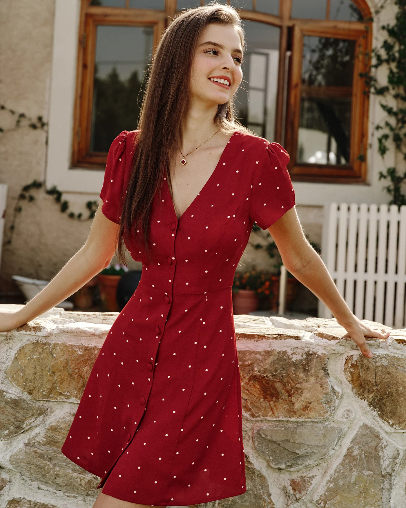Wine Red V Neck Polka Dot Mini Dress - Image 3