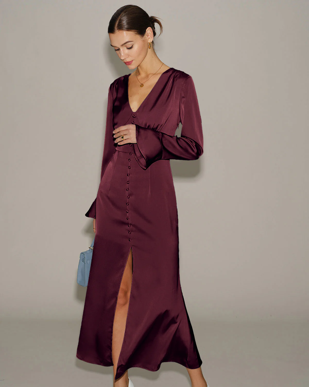 Wine Red V Neck Satin Maxi Dress - Image 3