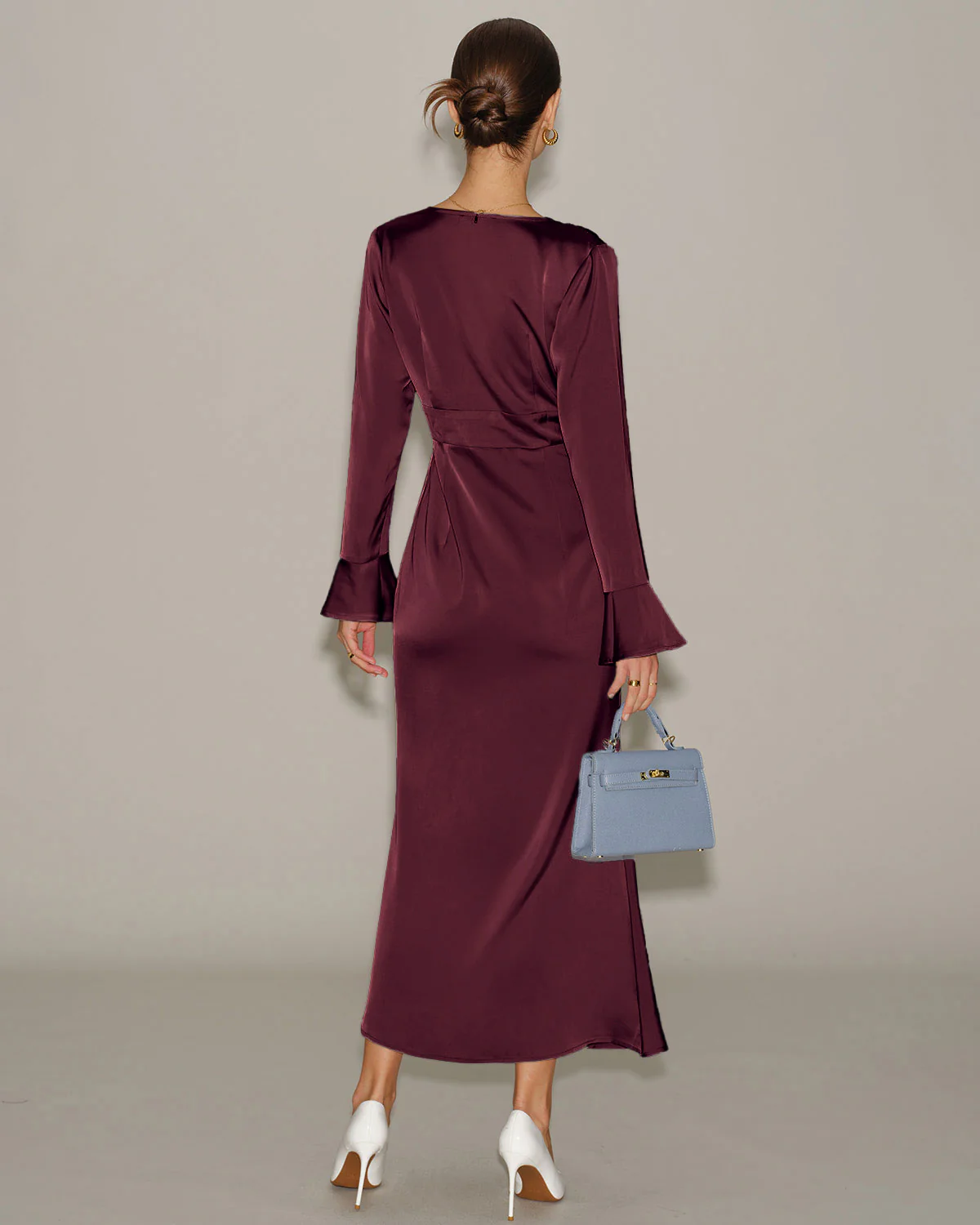 Wine Red V Neck Satin Maxi Dress - Image 4