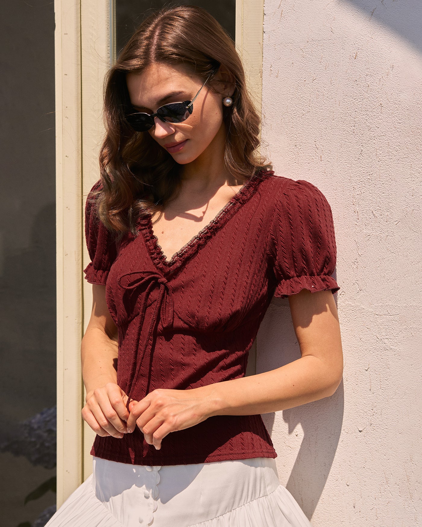 Wine Red V Neck Textured Tee - Image 2