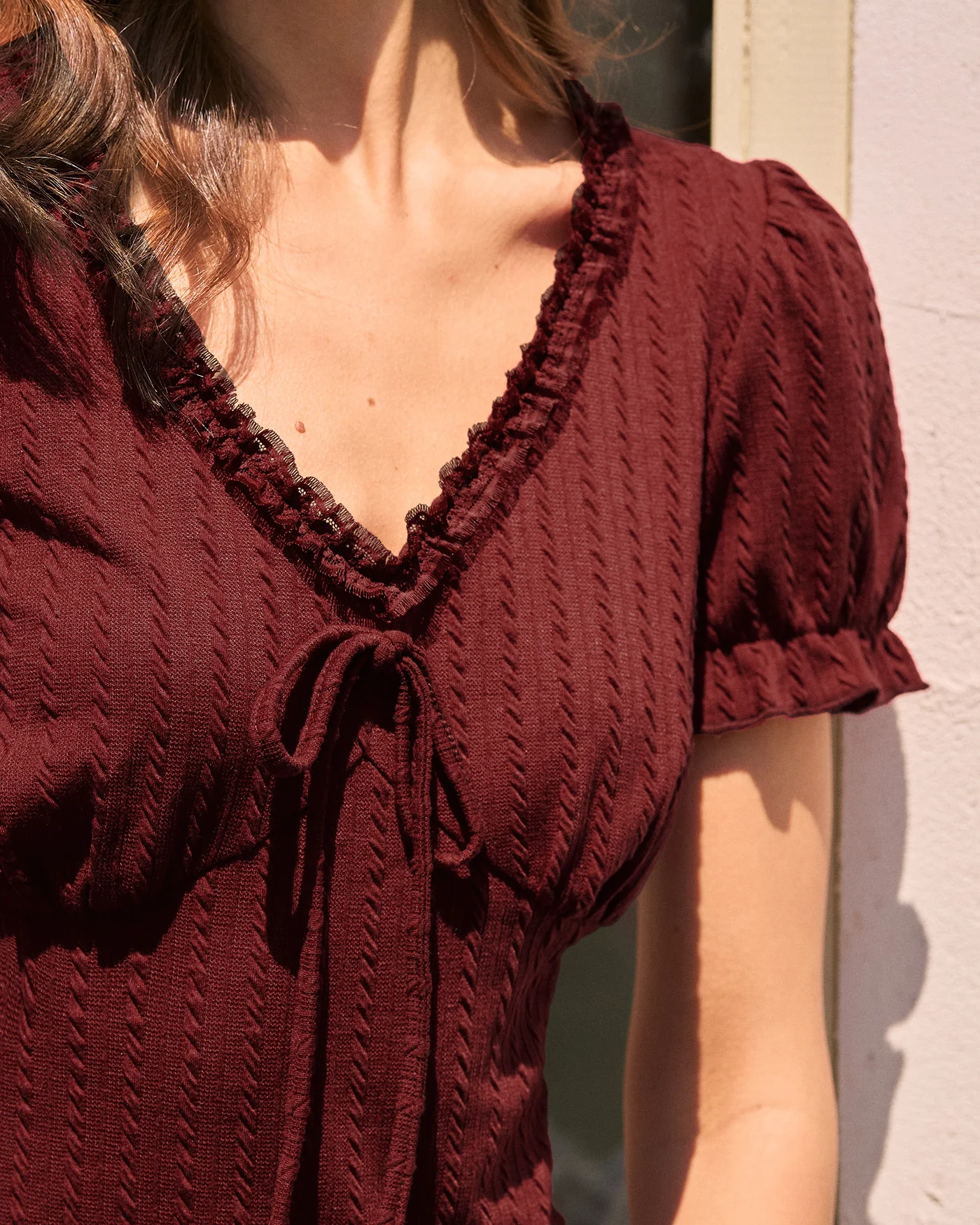 Wine Red V Neck Textured Tee - Image 3