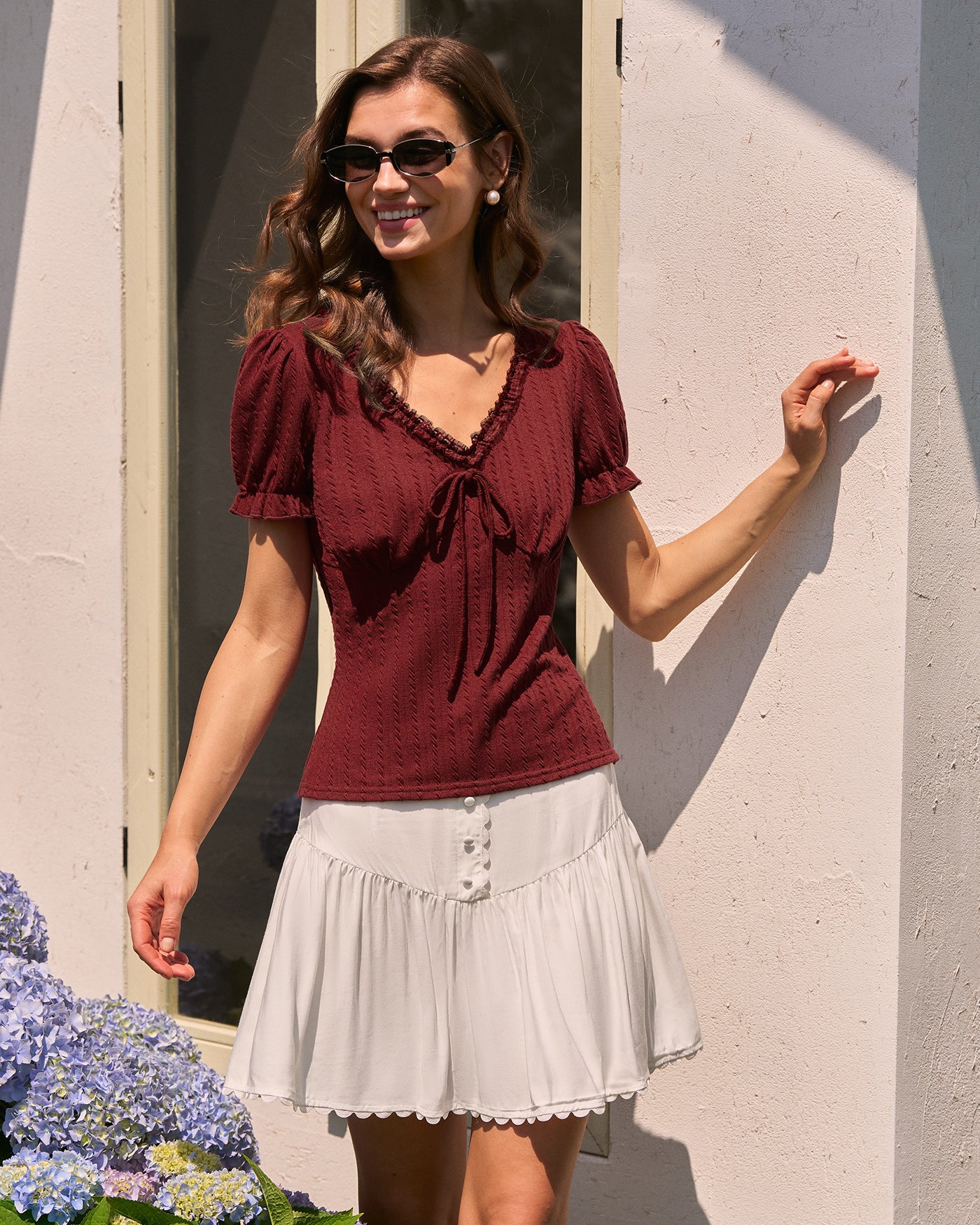 Wine Red V Neck Textured Tee - Image 5