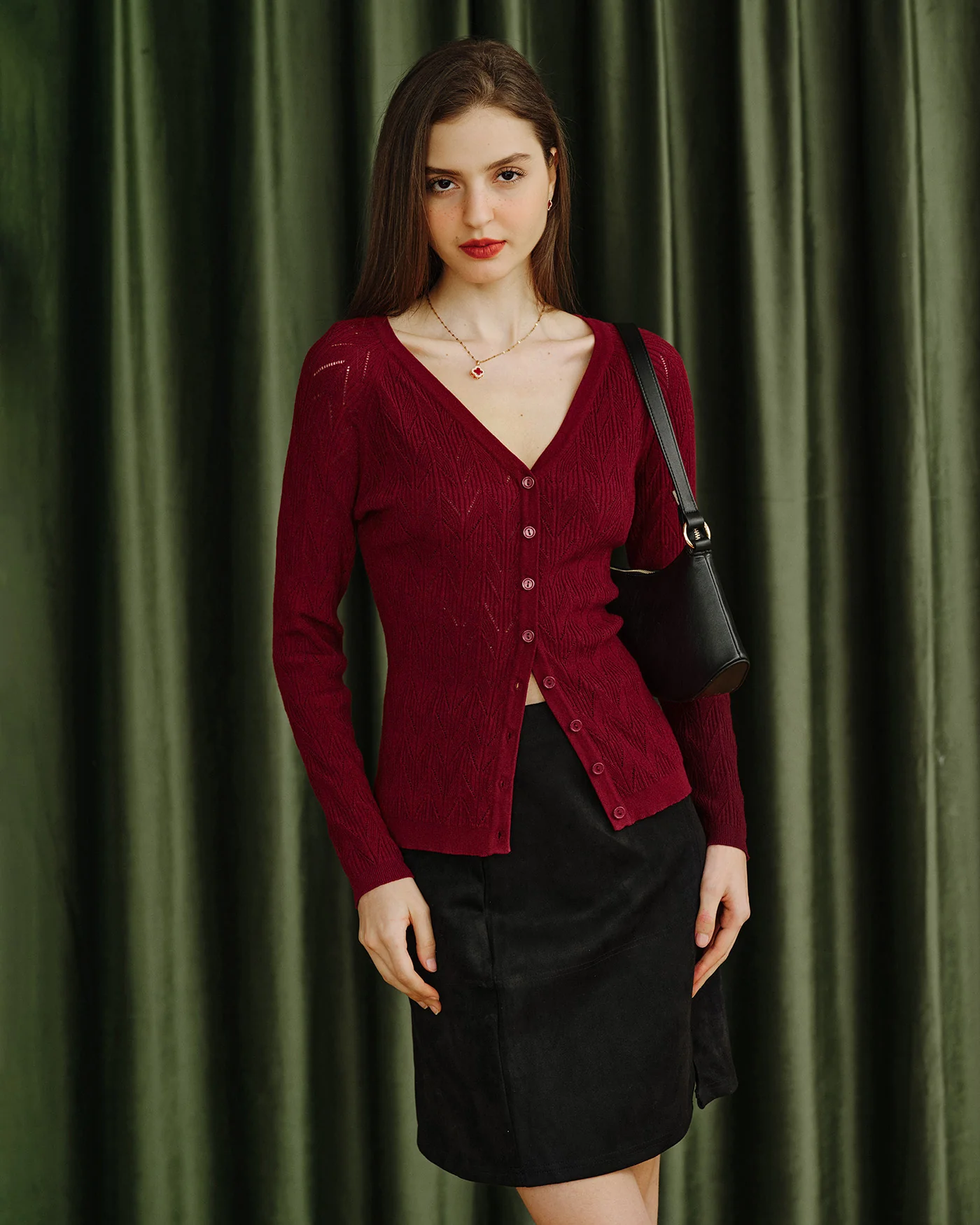 Wine Red V Neck Viscose Knit Cardigan - Image 2