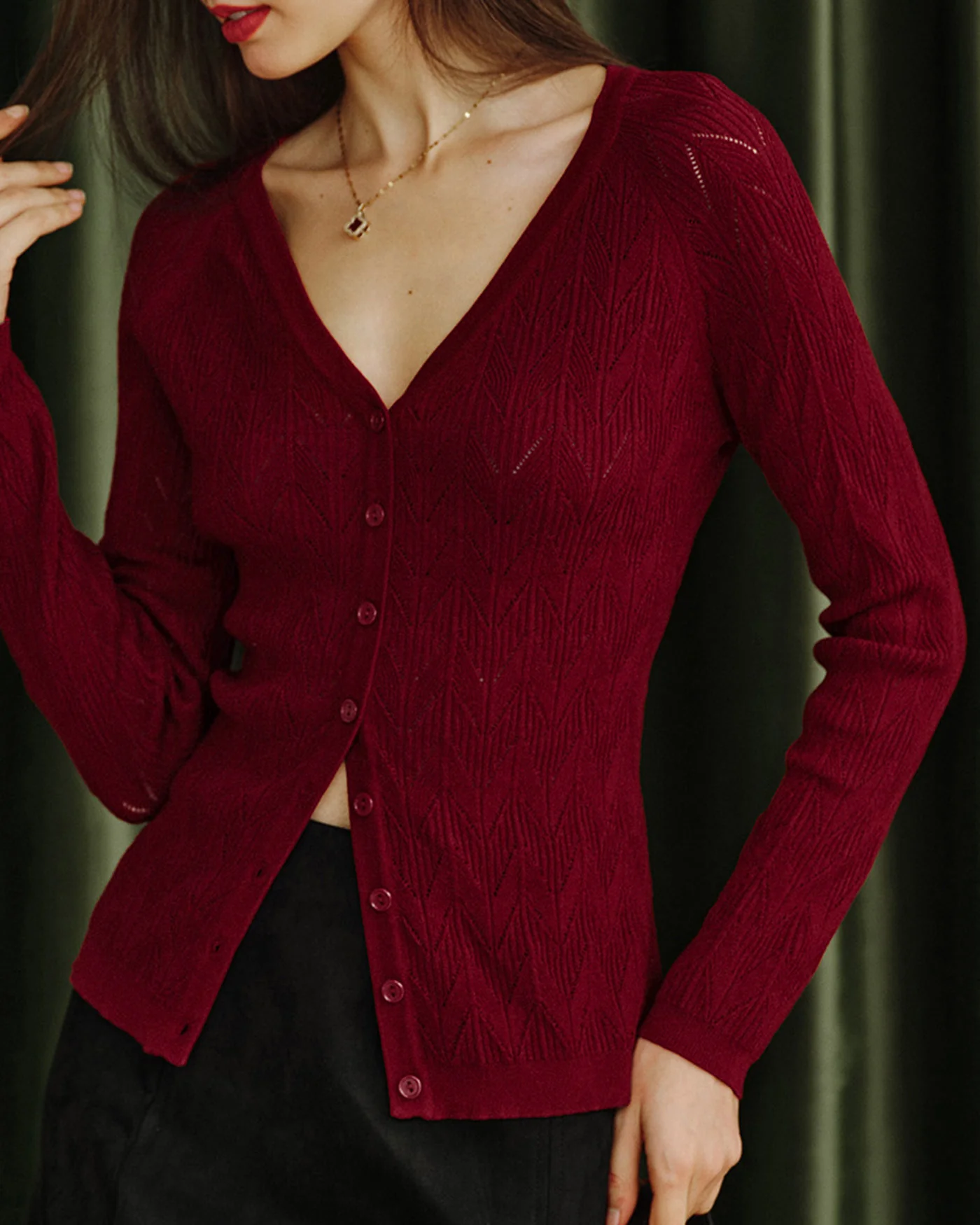 Wine Red V Neck Viscose Knit Cardigan - Image 3