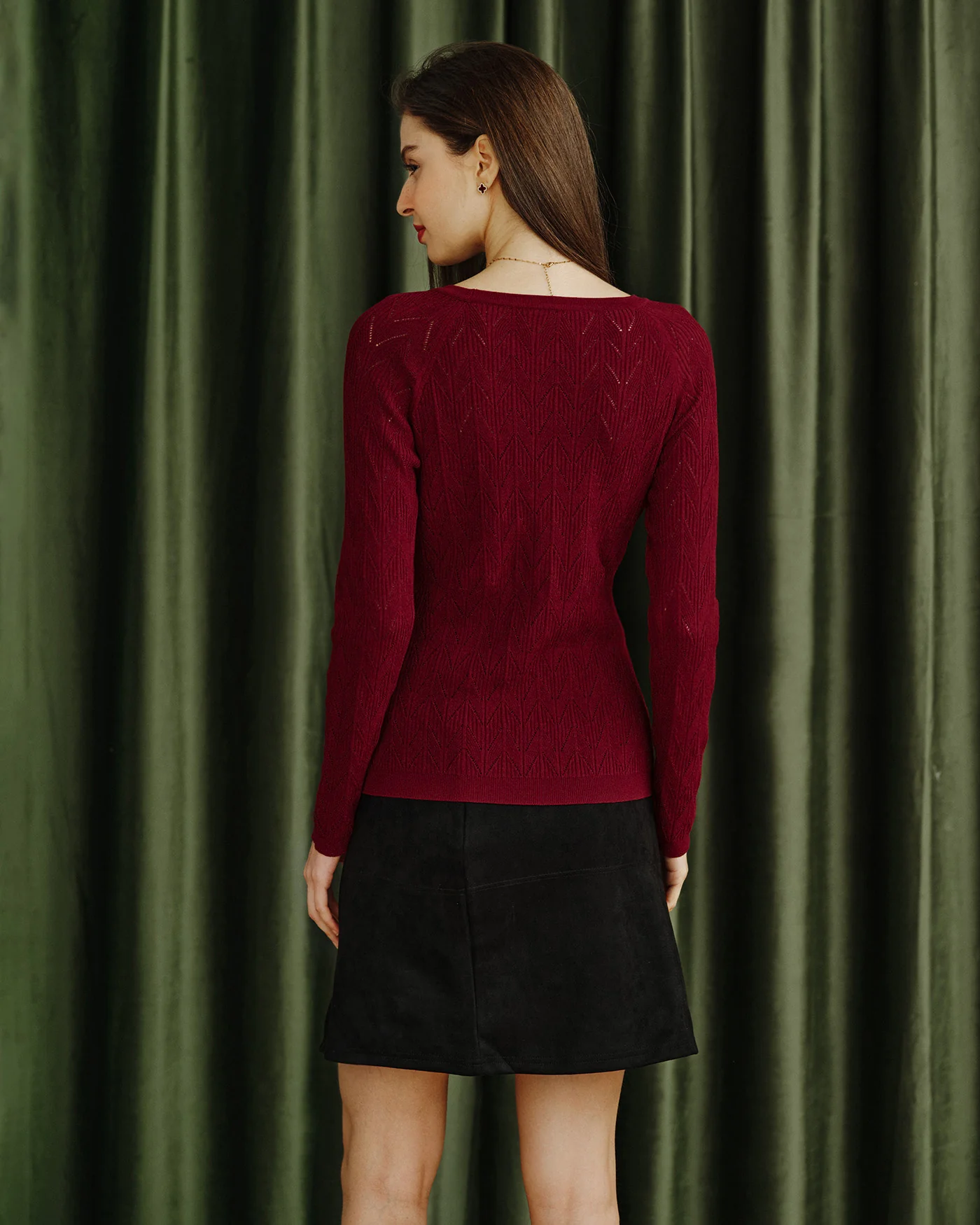 Wine Red V Neck Viscose Knit Cardigan - Image 4